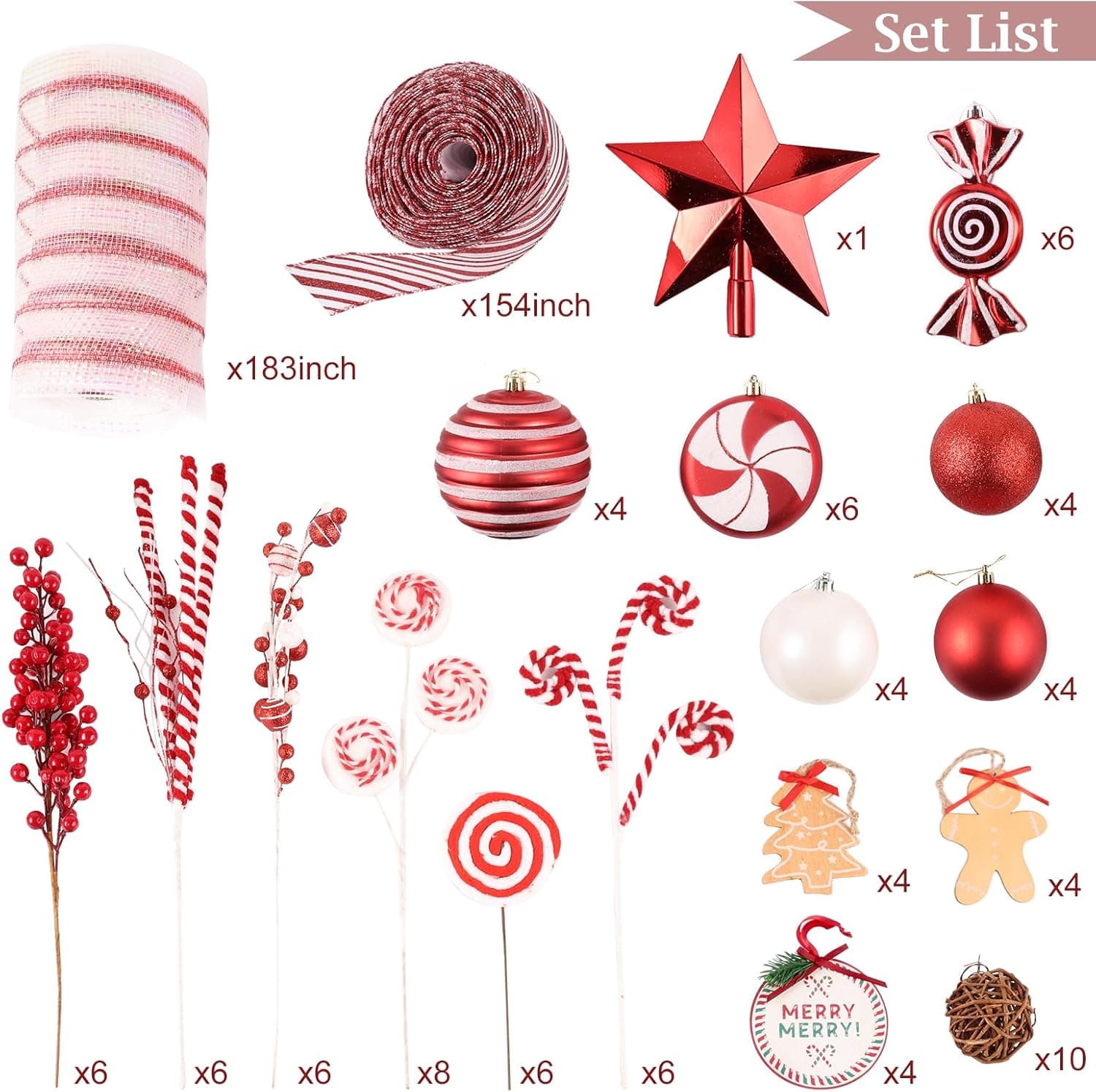 WBHome Decorated Artificial Christmas Tree Ornaments, Candy Cane Christmas Decorations, Ornaments Set (Tree is not Included) Candy Ornaments Set - Image 3