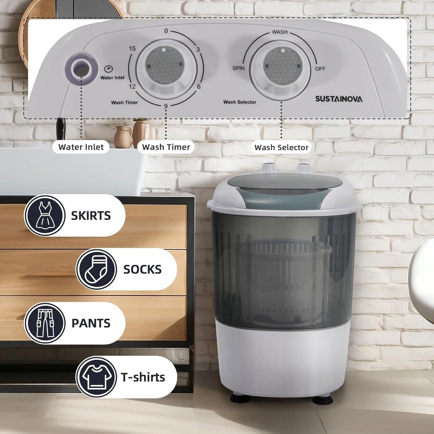 Elevon迷你旋转干衣机 便携洗衣机，适合家庭、公寓、房车，灰色 - Image 4