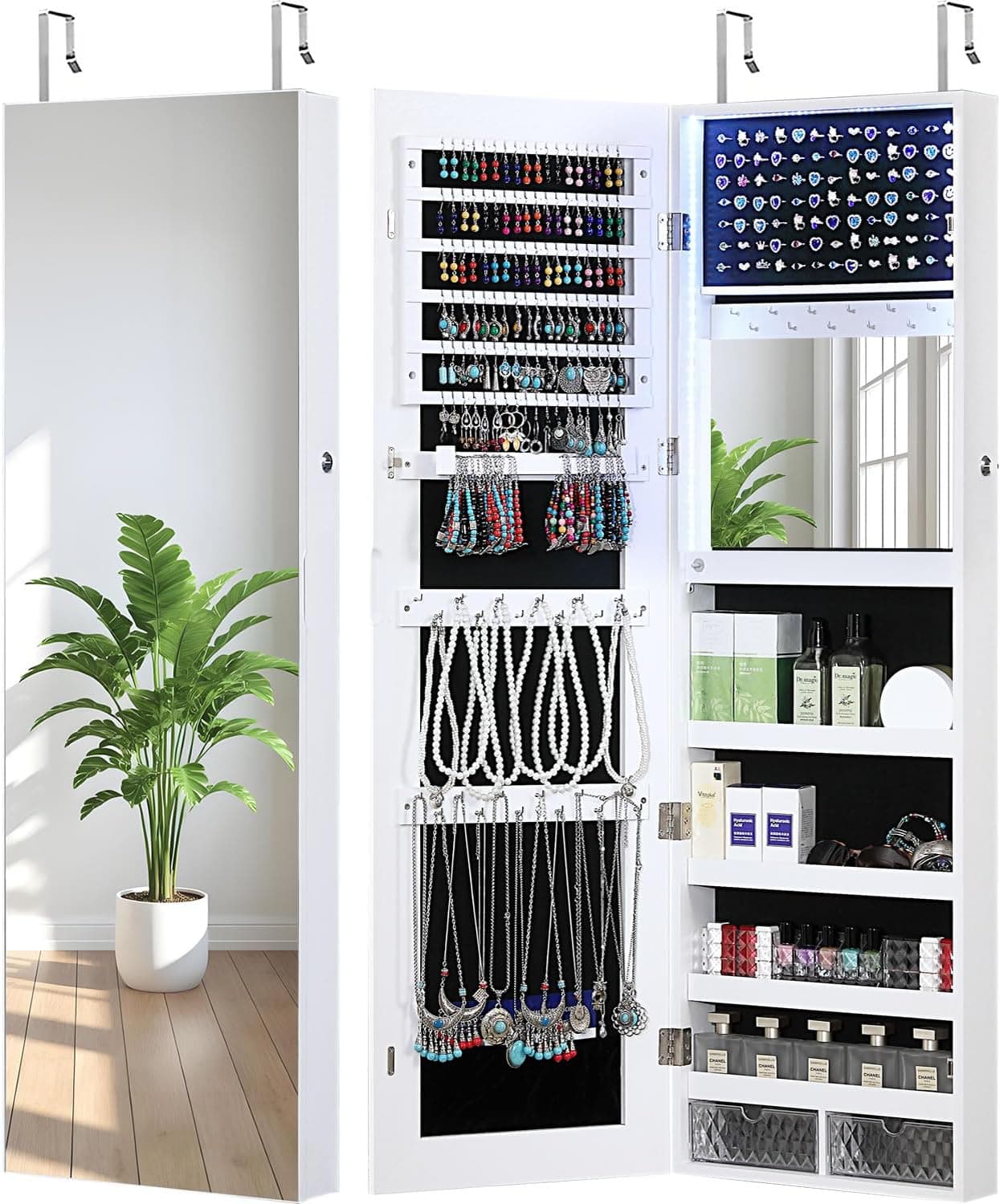 GISSAR Mirror Jewelry Cabinet, LED Lights Wall Mount Door Hanging Full Length Jewelry Organizer Armoire with Built-in Makeup Mirror and Jewelry Storage, Large Capacity Lockable Jewelry Armoire, White - Image 2
