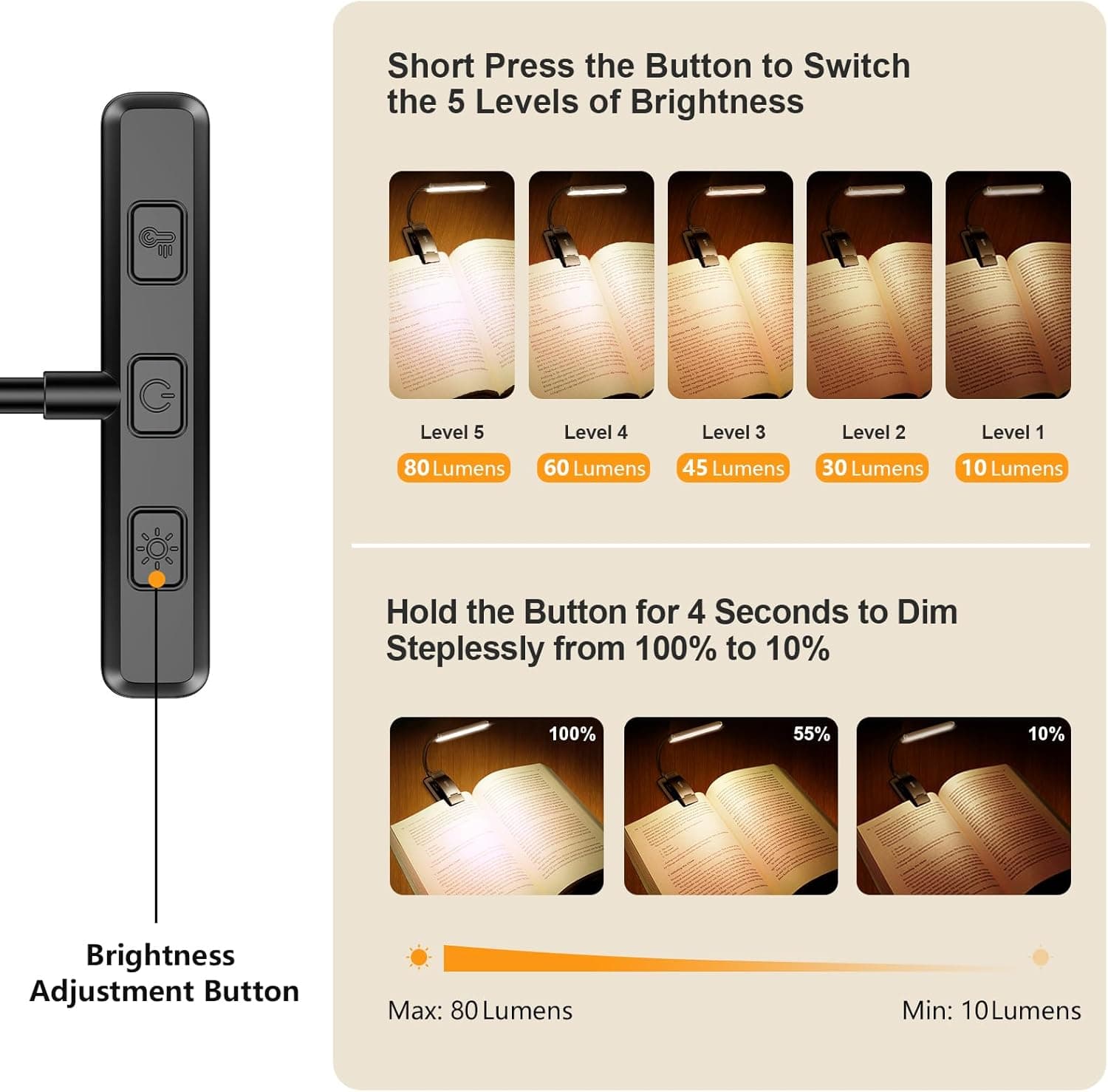 Gritin 19 LED Rechargeable Book Light for Reading in Bed with Memory Function- Eye Caring 3 Color Temperatures,Stepless Dimming Brightness,80 Hrs Runtime Lightweight Clip on Light for Book Lovers Black - Image 3