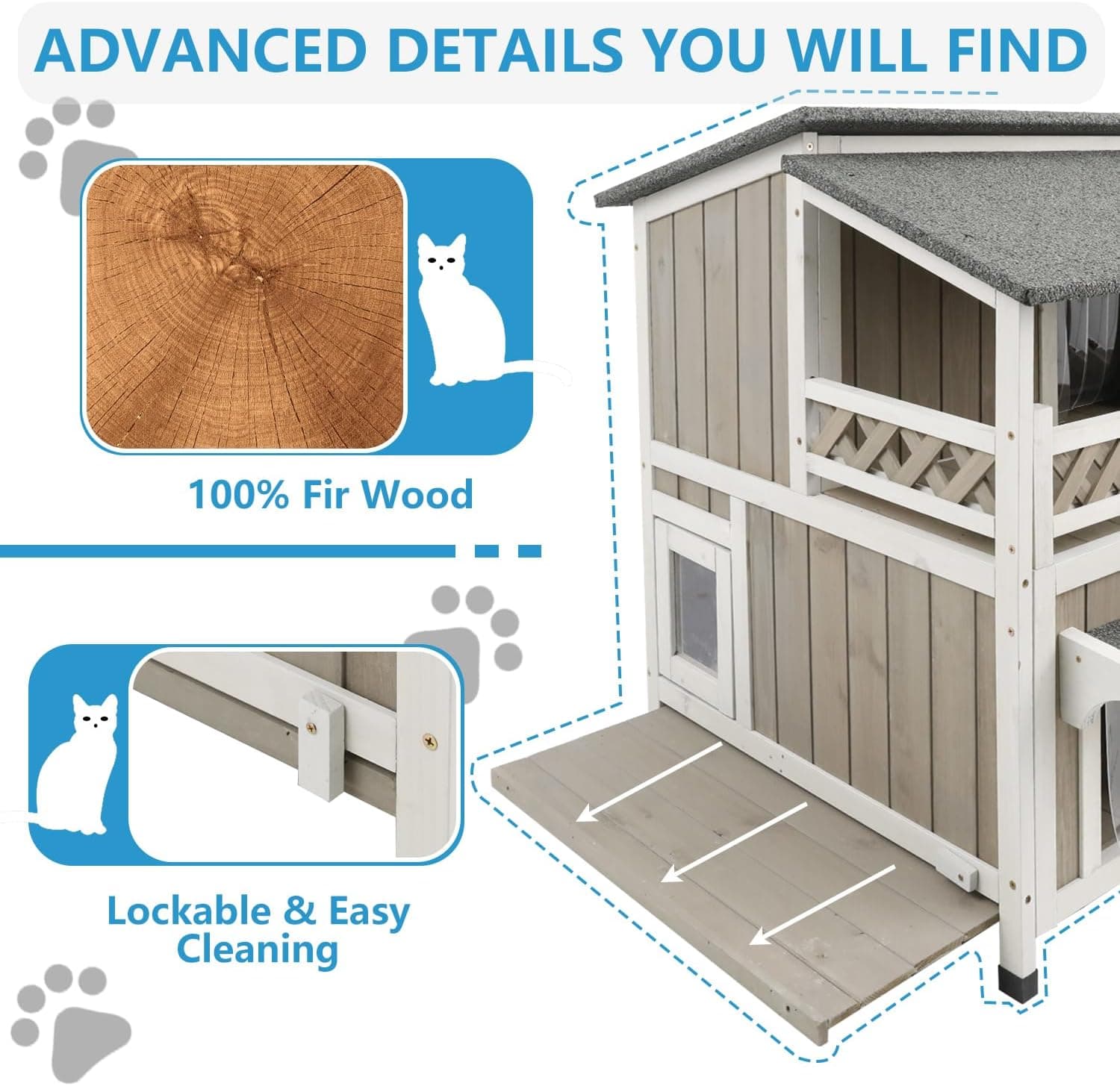 Feral Cat Shelter Outdoor Weatherproof Houses for Cats Two Story Wooden Cat House Outside Feral Cat House with Balcony Waterproof, Escape Doors Greywhite - Image 5