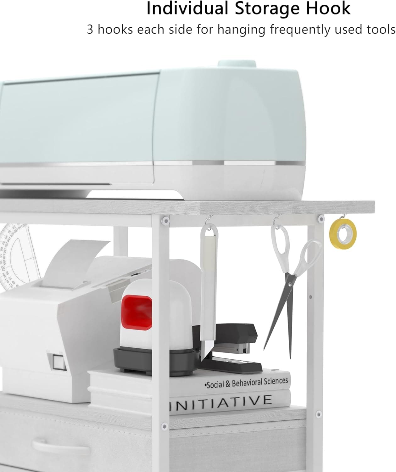 Organizer and Storage Stand Compatible with Cricut Machines,Rolling Storage Cart/Shelf with 24 Vinyl Roll Holders，2 Fabric Drawer,Accessories Holder,Tool Hook for Craft Room Home (white) - Image 6