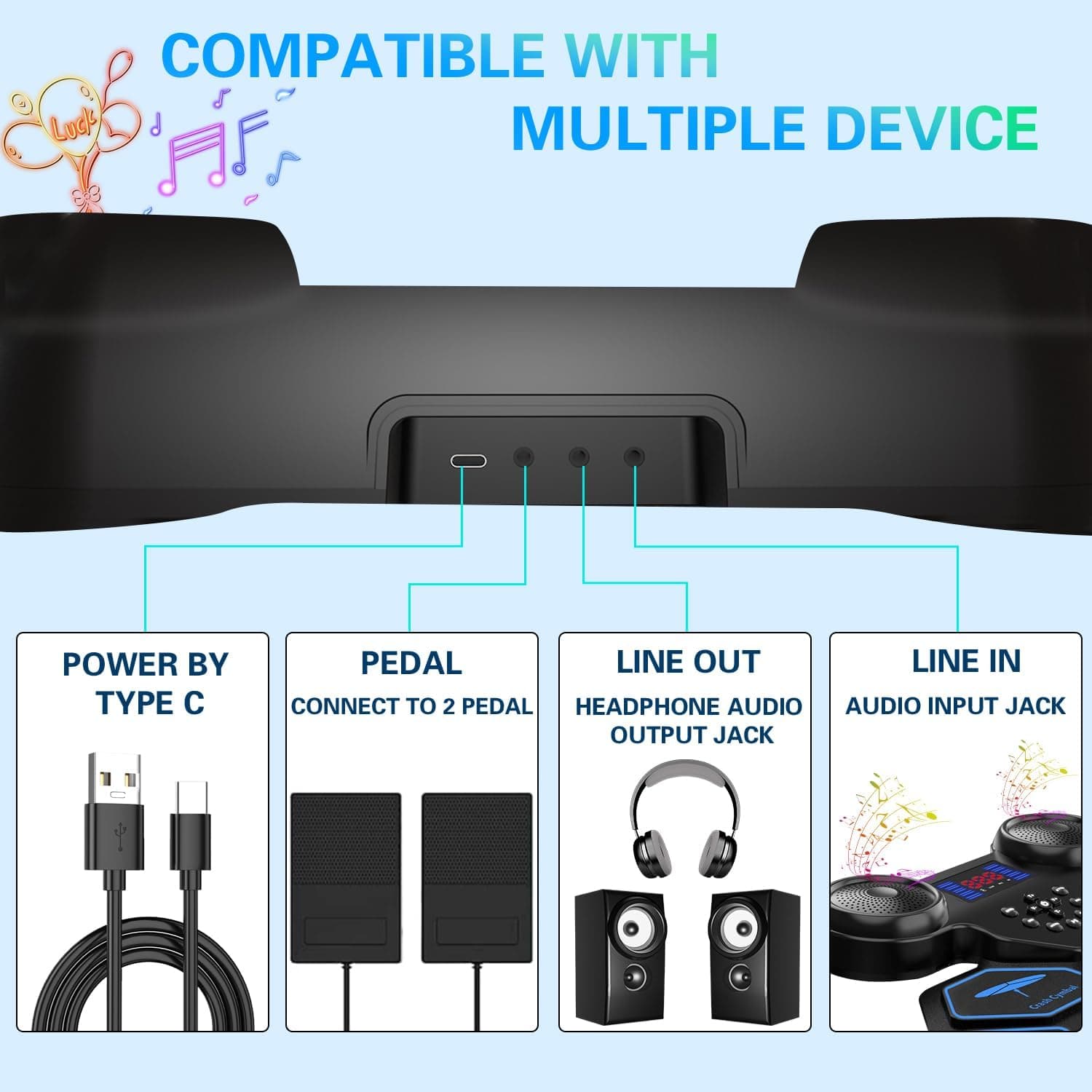 Electronic Drum Set - YUOIOYU Electric Drum Set Roll Up Portable Drum Kit MIDI Practice Drum Pad with Dual Built-in Speaker, Drum Sticks and Pedals, Christmas Birthday Gift for Kids Adult Colorful - Image 6