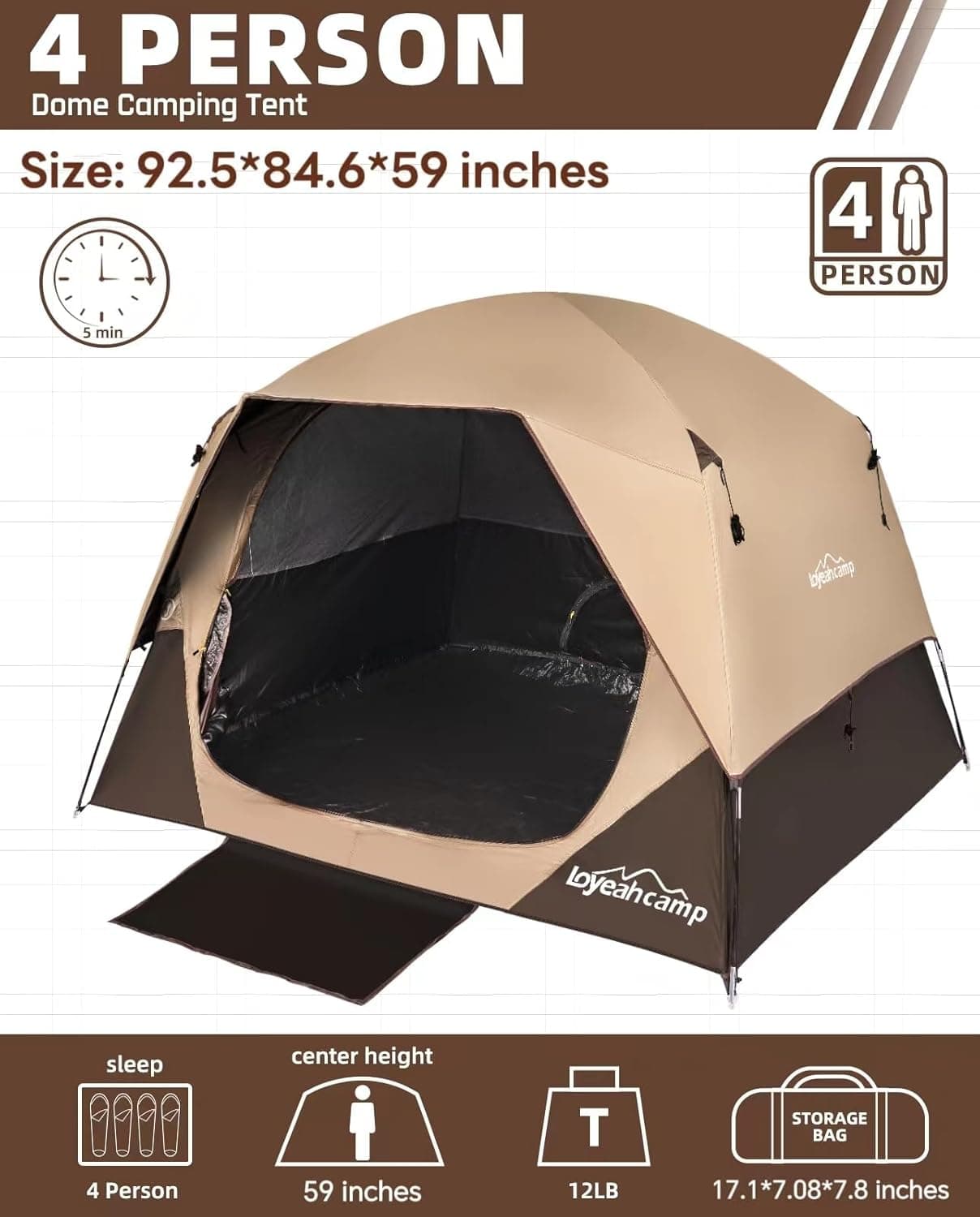 4 Person Blackout Camping Tent, Easy Setup Waterproof Family Dome Tent for Camping with Rainfly, Portable Double Layer Large Family Tent for Outdoor Camping&Hiking Black Out Khaki - Image 3