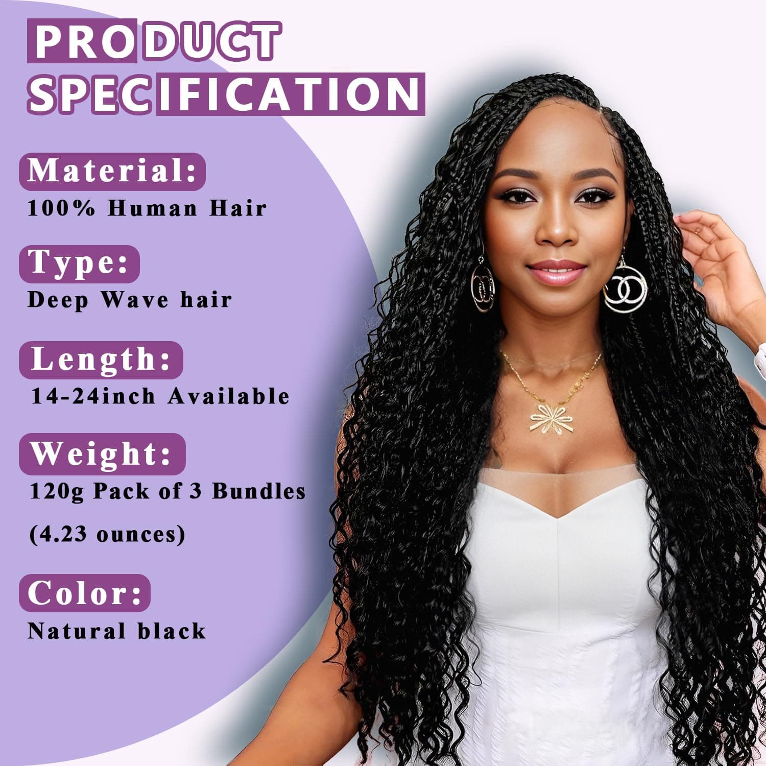 Human Braiding Hair For Boho Braids 120g Deep Wave Bulk Human Hair for Braiding Knotless 12A 100% Unprocessed Brazilian Virgin Hair Extensions Bulk Bohemian 3 Bundles Natural Color 18inch 18 Inch 1B-Natural Black - Image 4