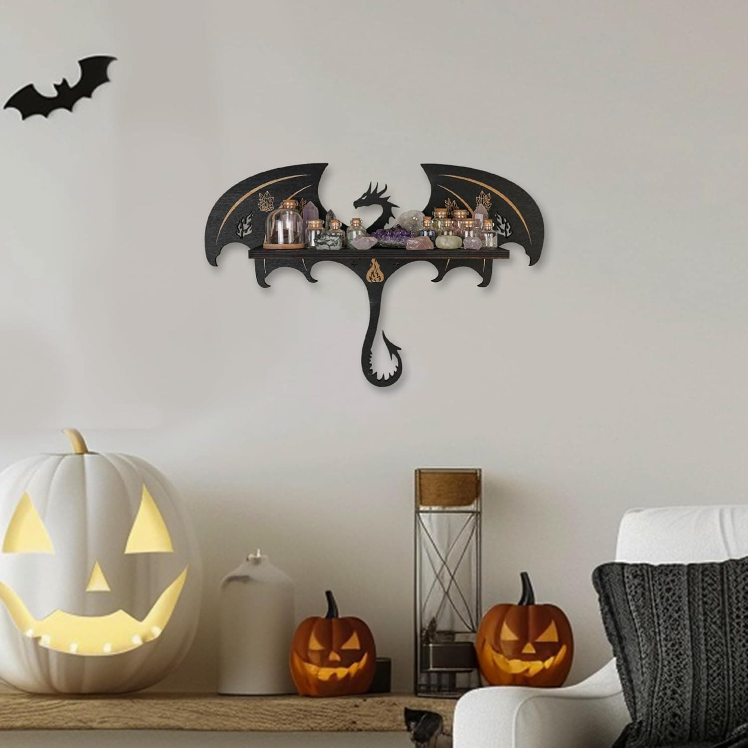 Gothic Evil Dragon Decor Crystal Display Shelf for Wall, Wooden Witchy Shelf Rock Display Case Knick Knack Organizer Trinket Holder, Wall Hanging Shelves for Essential Oil & Nail Polish - Image 6