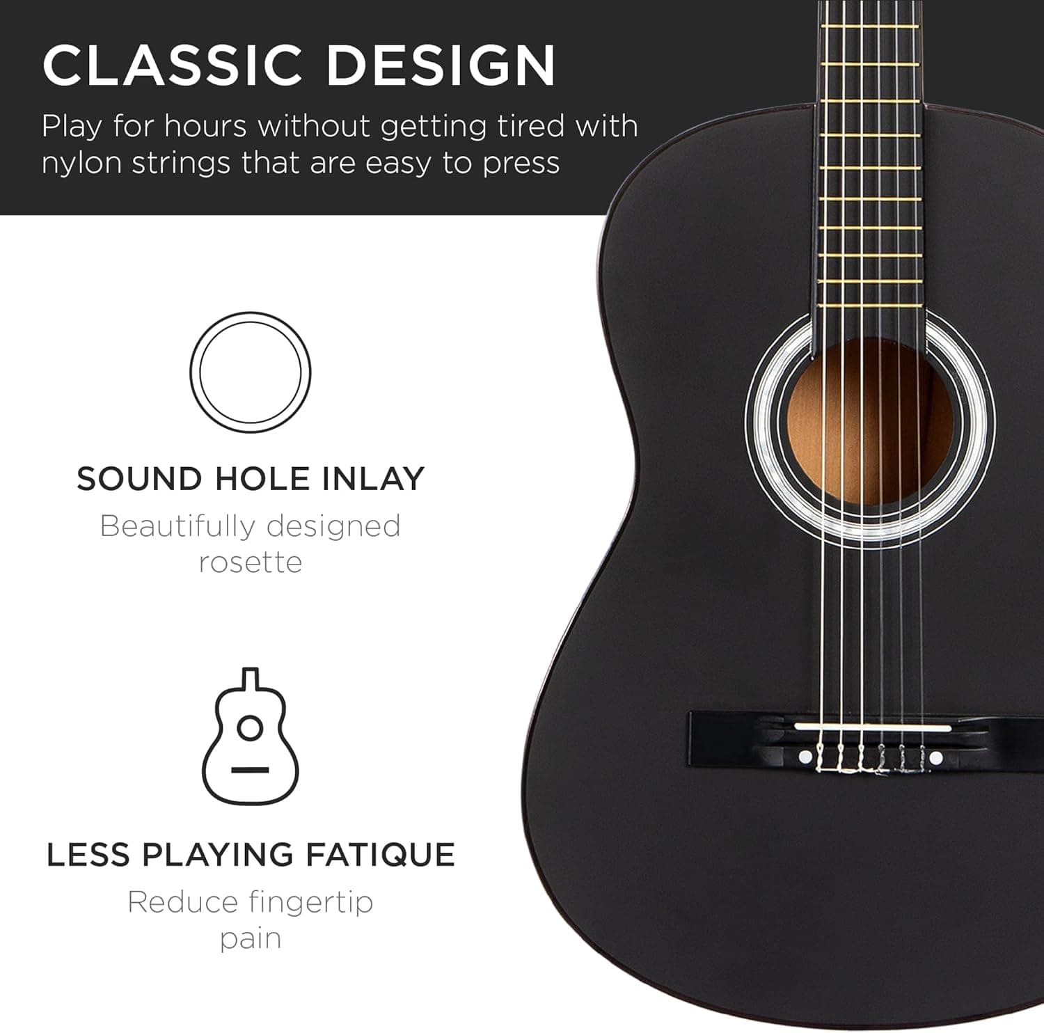 Best Choice Products Guitarra Acústica de Madera para Principiantes de 38in Kit de Inicio con Funda, 6 Púas, Cuerdas de Nylon, Correa con Soporte para Púas - Negro Mate 38in - Image 6