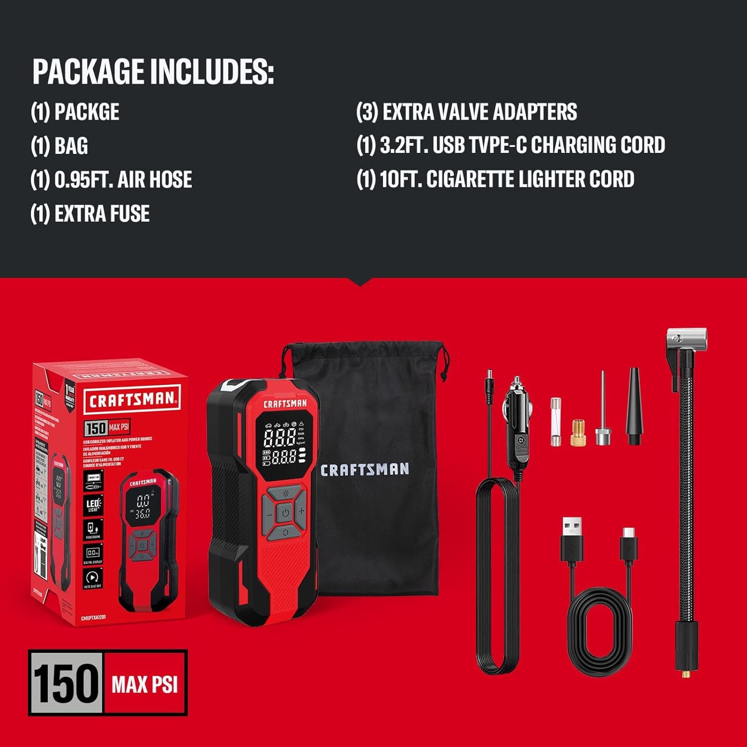 CRAFTSMAN Tire Inflator Portable Air Compressor, Cordless Mini Air Pump for Car Tires with Digital Tire Pressure Gauge, 6000mAh Battery Powered Air Pump, Max Pressure 150 PSI, 12V DC Corded - Image 8