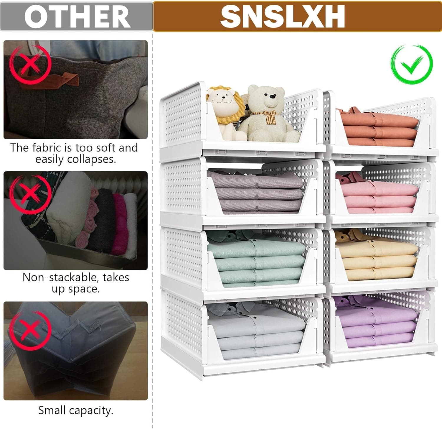 SNSLXH 5 Pack Stackable Closet Storage Basket, Multifunctional & Foldable Closet Organizer for Bathroom Kitchen Laundry Room Wardrobe Storage, Space-Saving Clothes Storage Drawer Organizer, White White 5 Pack - Image 2