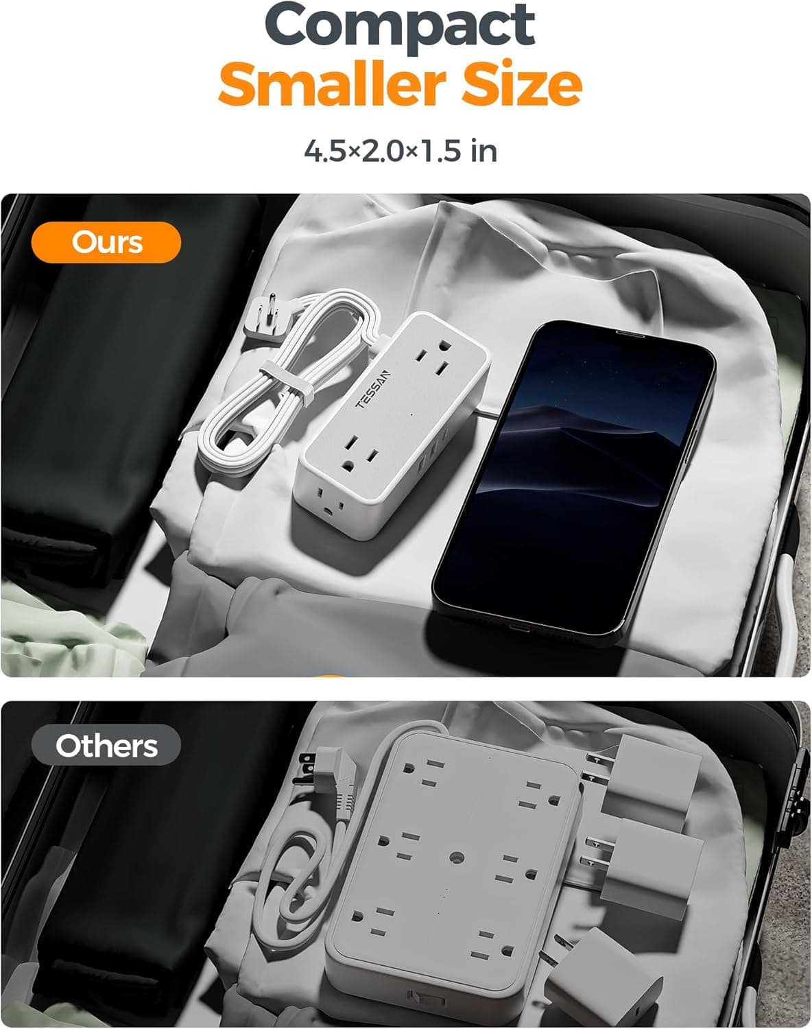 TESSAN Flat Plug Extension Cord 5 FT, Surge Protector Power Strip with 4 AC Outlets 1 USB C and 2 USB A Ports, 900 Joules Protection, 1250W, Multiple Wall Outlet Extender Suitable for Home Office Dorm 5 FT (1 USB-C, 2 USB-A) Gray - Image 6