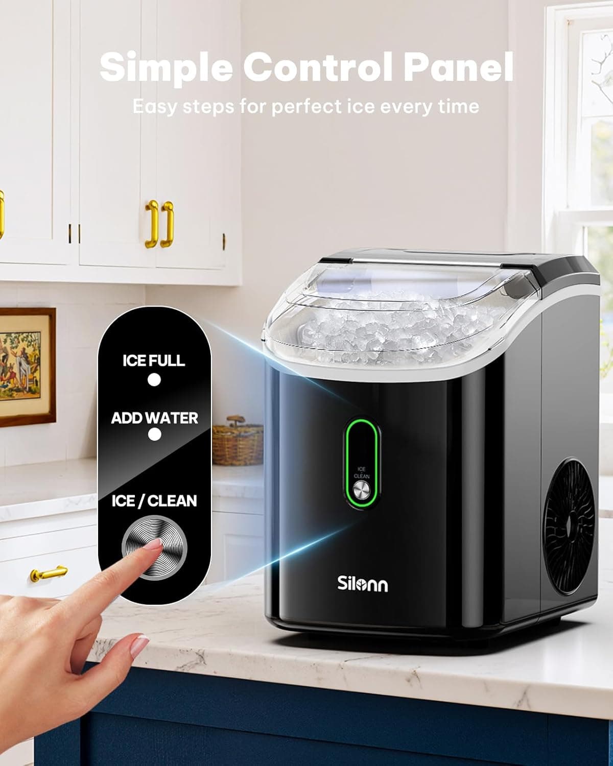 Silonn Nugget Ice Maker Countertop, Pellet Ice Machine with Self-Cleaning Function, Sonic Ice Maker Produces 33lbs of Chewable Ice in 24 Hours, Ideal for Home Kitchen and Office (Black) Black-PRO 33lbs - Image 6