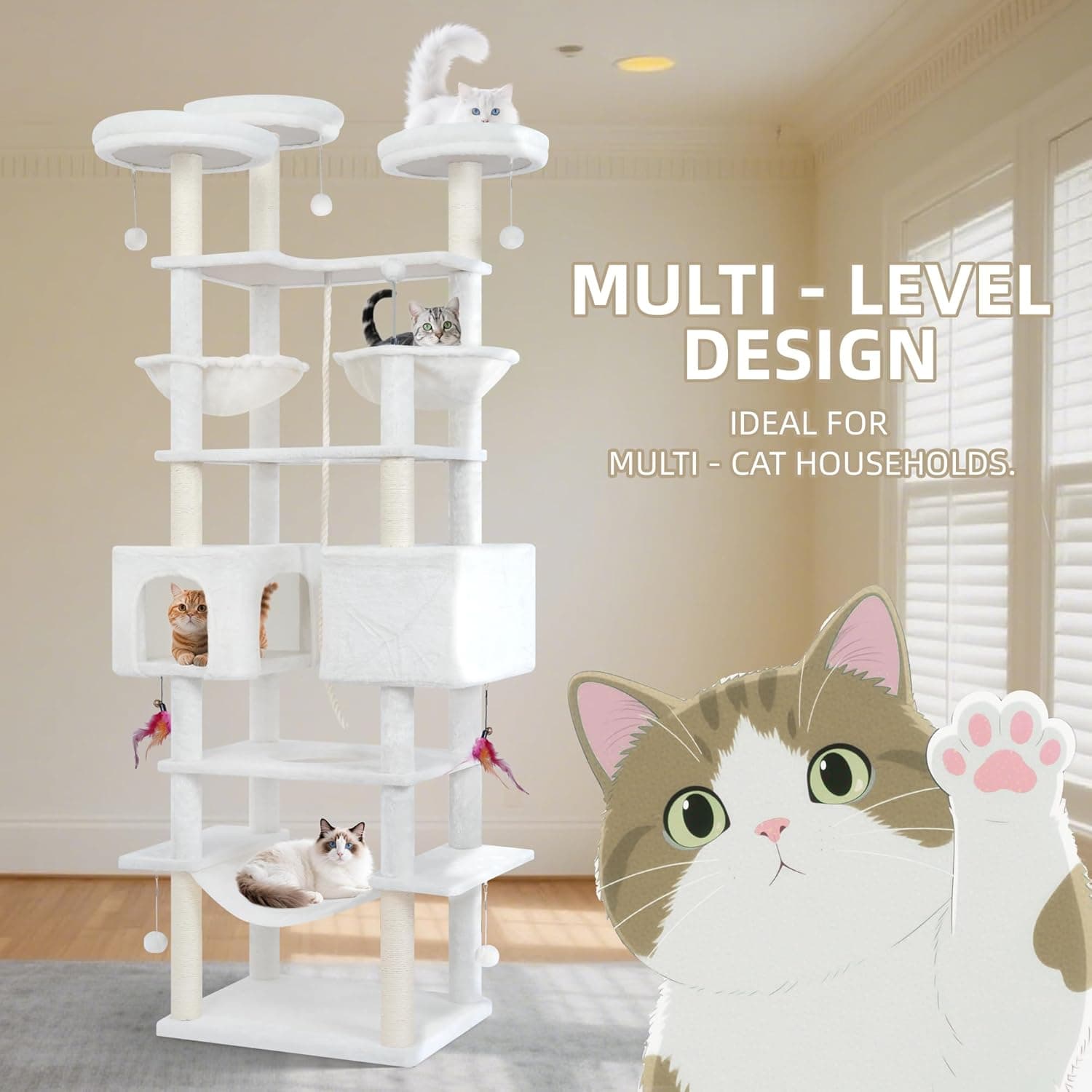 71in Multifunctional Multi-Level Cat Tree Tower for Indoor Cats,Cat Tree with Hammock,2 Condos,2 Hanging Baskets,2 Feather Toys,3 Perches,5 Hanging Balls,7 Scratching Posts,Beige 71" Beige - Image 4