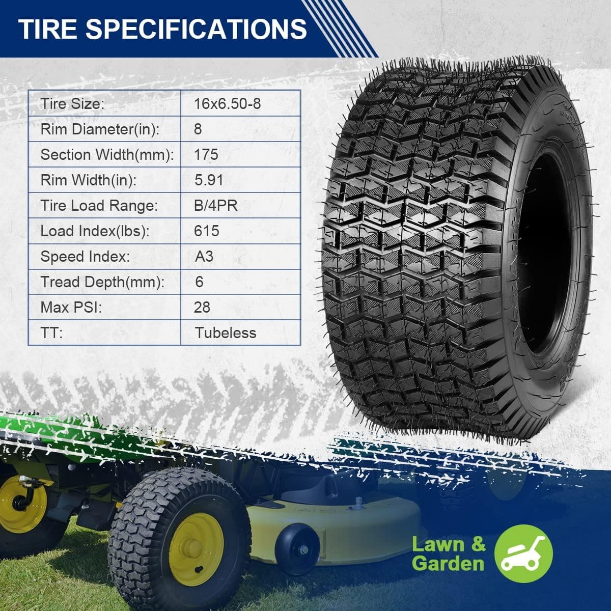 MaxAuto FOX V1 16x6.50x8 Lawn Tractor Tires, 16x6.50-8nhs Golf Cart Tires, 16x6.50 8 Garden Tractor Tire, Patent Design Fox V1 4Ply Tubeless Riding Mower Tire, Set of 2 - Image 2