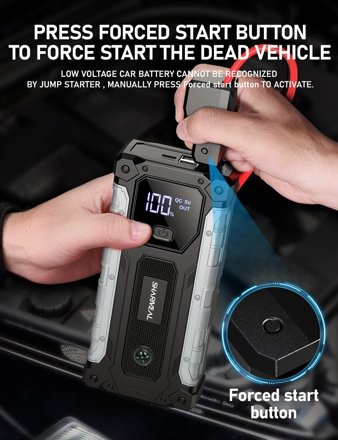 Sharmeal Arrancador de Coche 5000A, Paquete de Batería para Arranque de 10.0L Gas y 9.0L Diésel, Caja de Arranque Portátil de 12V con Luz LED - Image 5