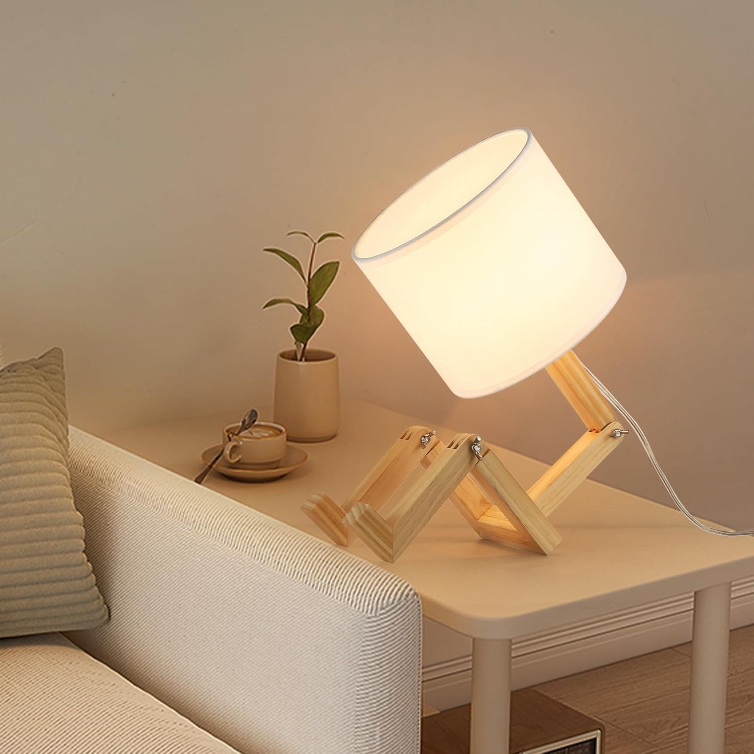 SUNLLOK Bedside Cute Table Lamp with Wood Changeable Base, Vintage White Farbic Lampshade Nightstand Lamp, Industrial Small Reading Desk Light Decor for Living Room, Kids Room, Ktichen Island - Image 4