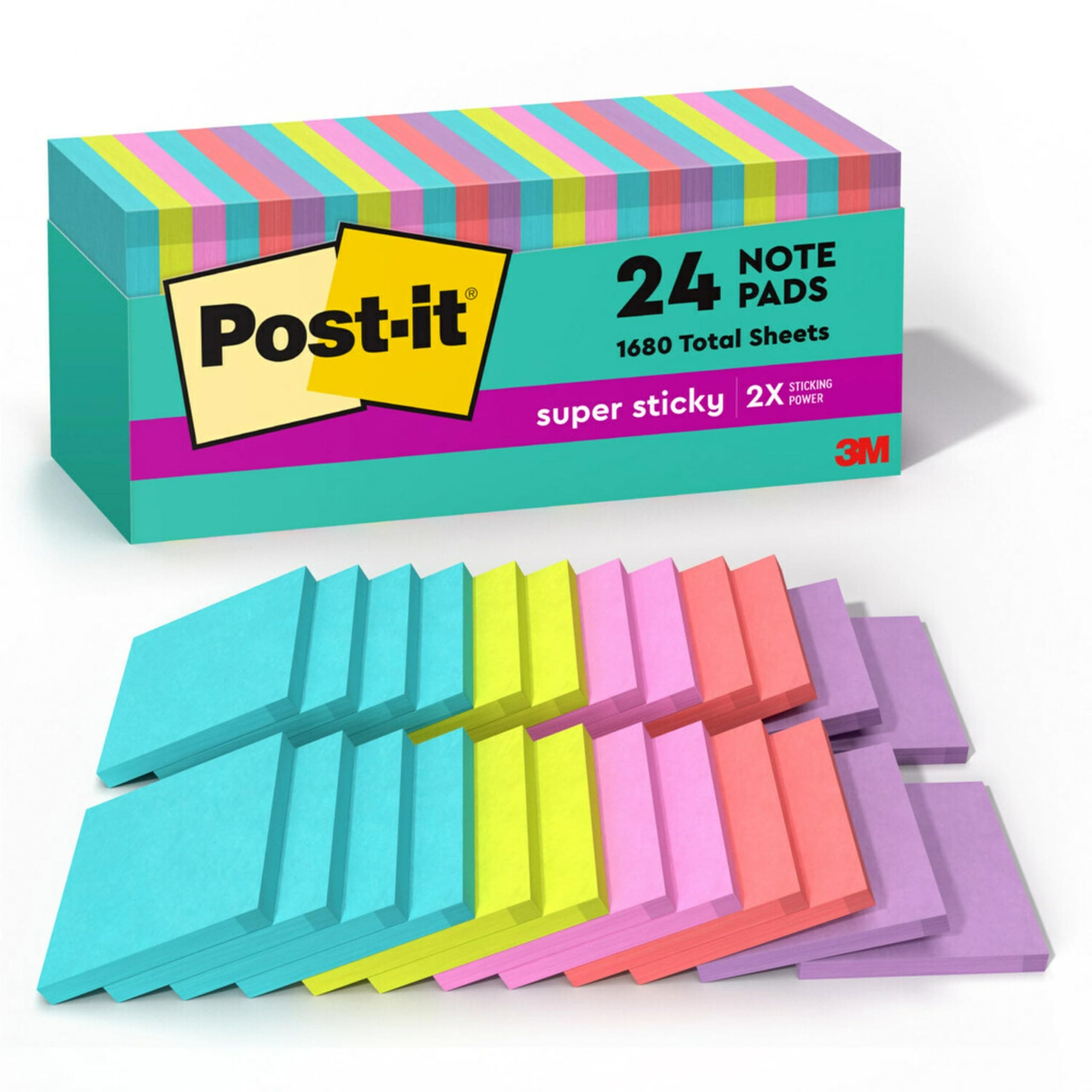 Post-it Super Sticky Notes, 24 Sticky Note Pads, 3 x 3 in., Ideal for Organization in Your Dorm, Home or Office, 2X The Sticking Power, Supernova Neons Collection 7.4" x 3.2"