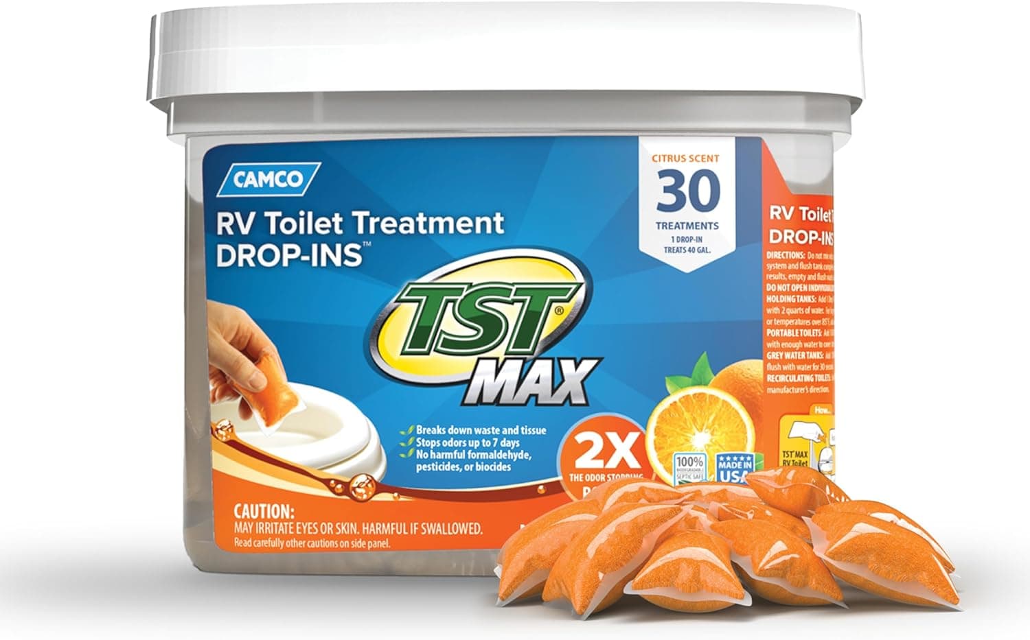 Camco TST MAX RV Toilet Treatment Drop-INs - Control Unwanted Odors & Break Down Waste and Tissue - Safe Septic Tank Treatment - Orange Scent, 30-Pack (41183) Orange 30 Count (Pack of 1) - Image 2