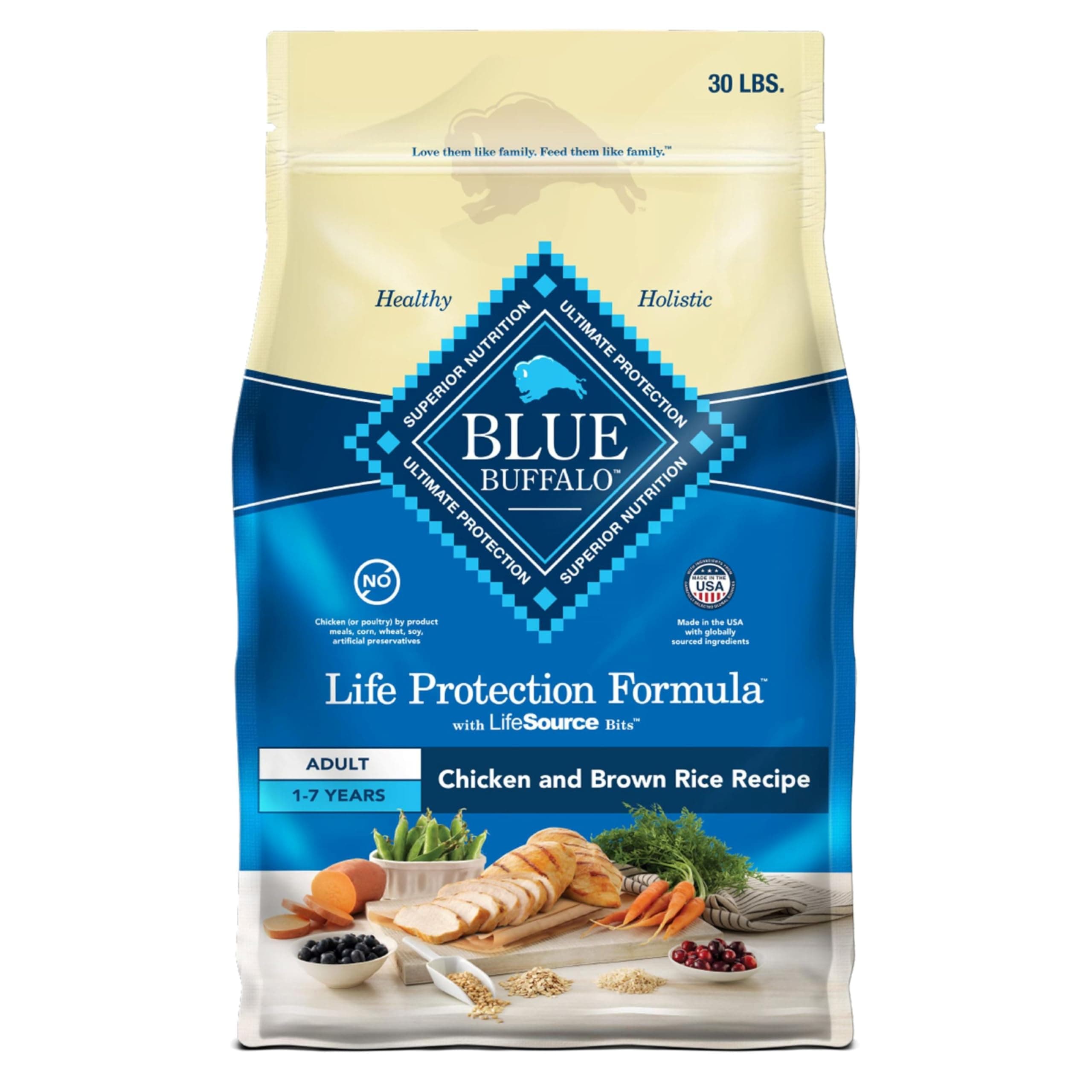 Blue Buffalo Life Protection Formula Comida Seca para Perros Adultos, Ayuda a Construir y Mantener Músculos Fuertes, Hecha con Ingredientes Naturales, Receta de Pollo y Arroz Integral, Bolsa de 30 lb.