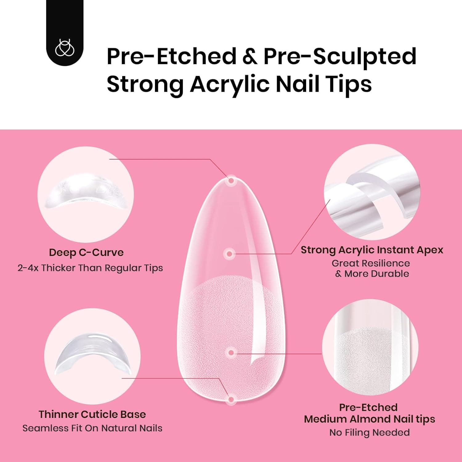 Beetles Tipex Gel Nail Kit, Medium Almond Nail Tips 224 Pcs 16 Sizes Pre-Building Pre-Etched Thick Acrylic Tips with Tipex Glue, Mini Lamp 1L-Almond Medium 224pcs (Tipex Nail Kit) - Image 9