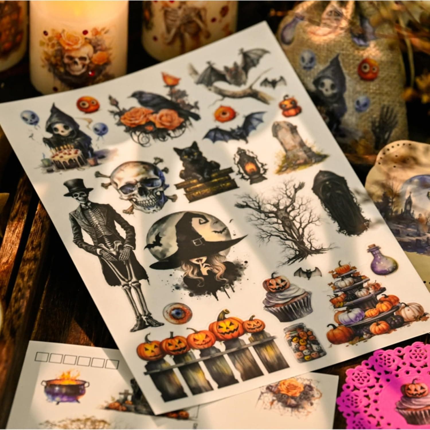 Vintage Rub On Transfer Stickers Scrapbooking Stickers Junk Journal Supplies, 3 Sheets, Gothic Designs with Skeletons, Pumpkins and Haunted Houses - Image 7