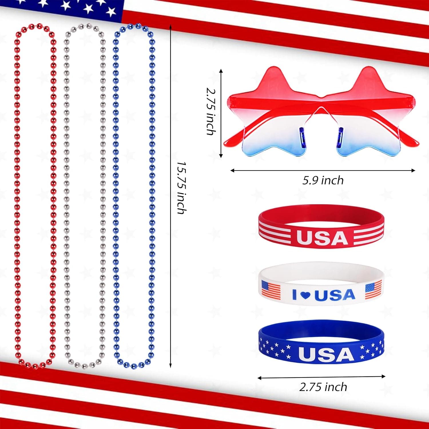 Mysense 4th of July Outfits for Women,4th of July Accessories Set with Red White and Blue Body Glitter,3 USA Flag Sunglasses,9 Beaded Necklaces,6 Bracelets,Fourth of July Outfit Women Kids - Image 4
