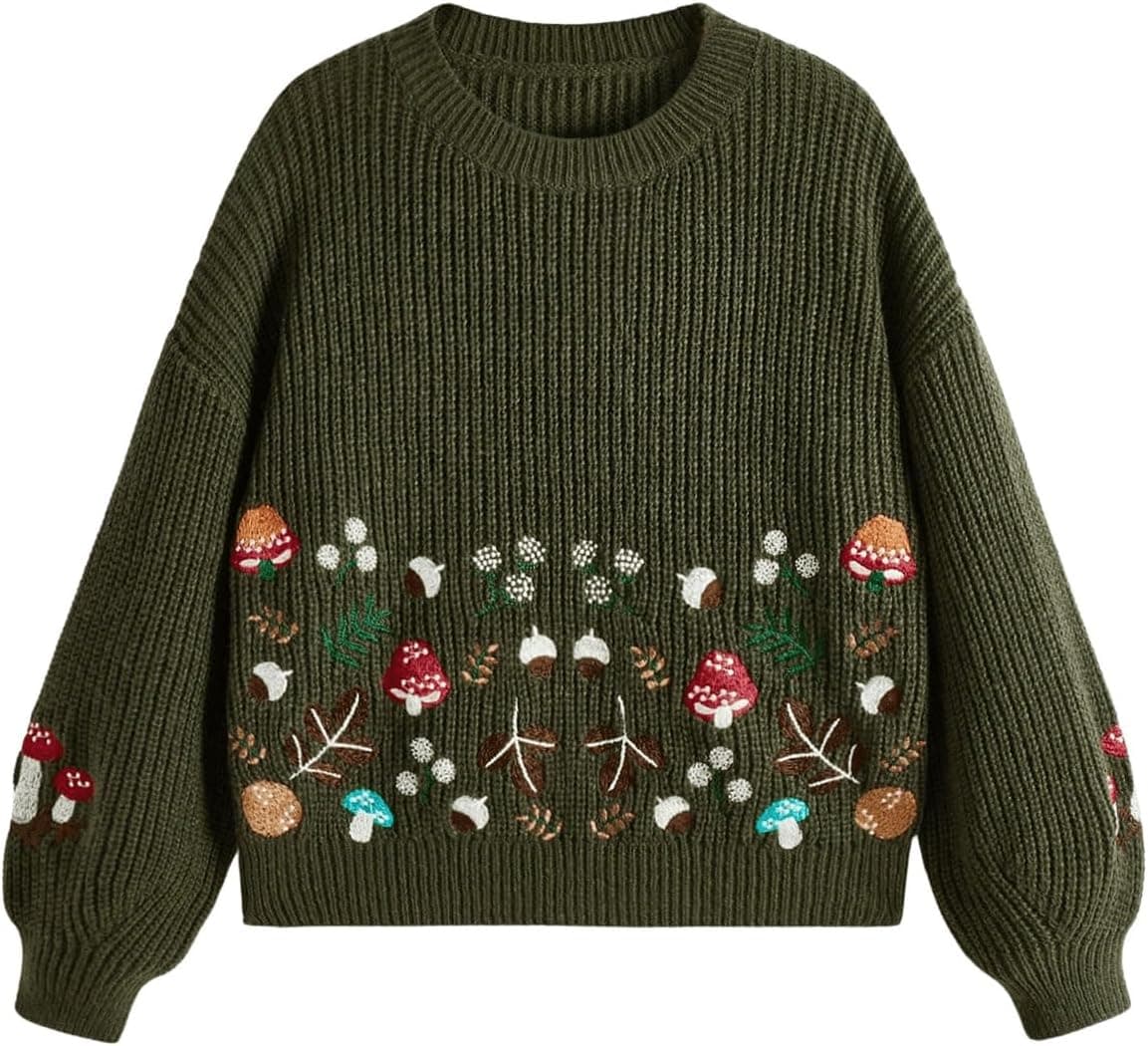 SHENHE Women's Oversized Embroidered Mushroom Sweater Crewneck Chunky Knit Sweater Pullover X-Large Army Green - Image 2