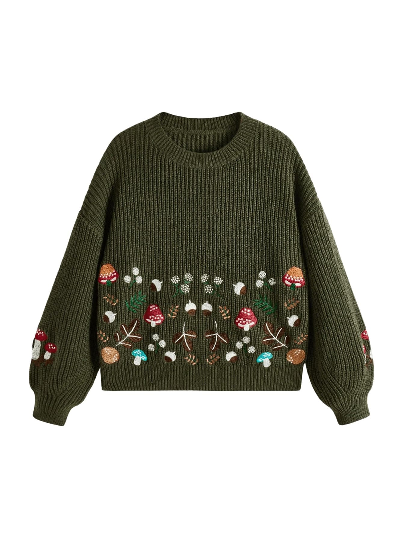SHENHE Women's Oversized Embroidered Mushroom Sweater Crewneck Chunky Knit Sweater Pullover X-Large Army Green