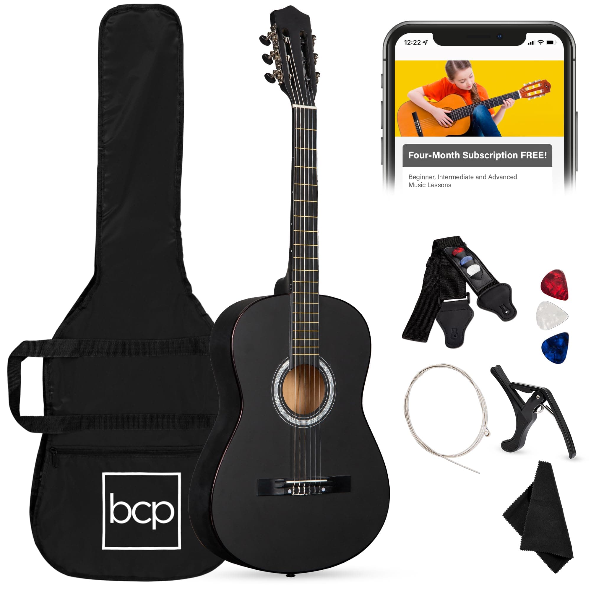 Best Choice Products Guitarra Acústica de Madera para Principiantes de 38in Kit de Inicio con Funda, 6 Púas, Cuerdas de Nylon, Correa con Soporte para Púas - Negro Mate 38in