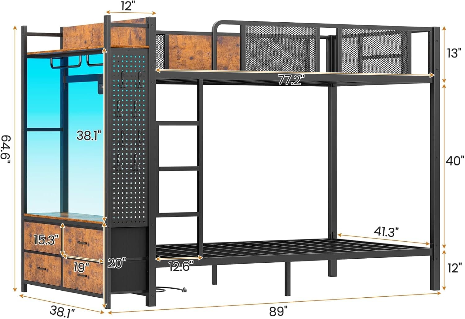 Itaar Metal Bunk Bed Twin Over Twin with Hall Tree, Power Outlet, LED Bunk Bed with 4 Storage Drawers, Bed with Safety Guardrail & Ladders, No Box Spring Needed, Easy Assembly, Rustic Brown - Image 3