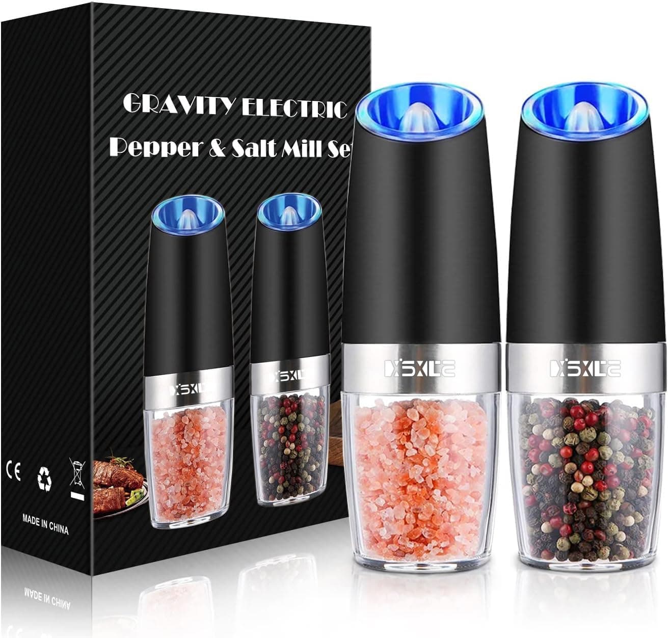 XinXu Gravity Electric Pepper and Salt Grinder Set, Adjustable Coarseness, Battery Powered with LED Light, One Hand Automatic Operation, Black -2 Pack L Set/Black - Image 2