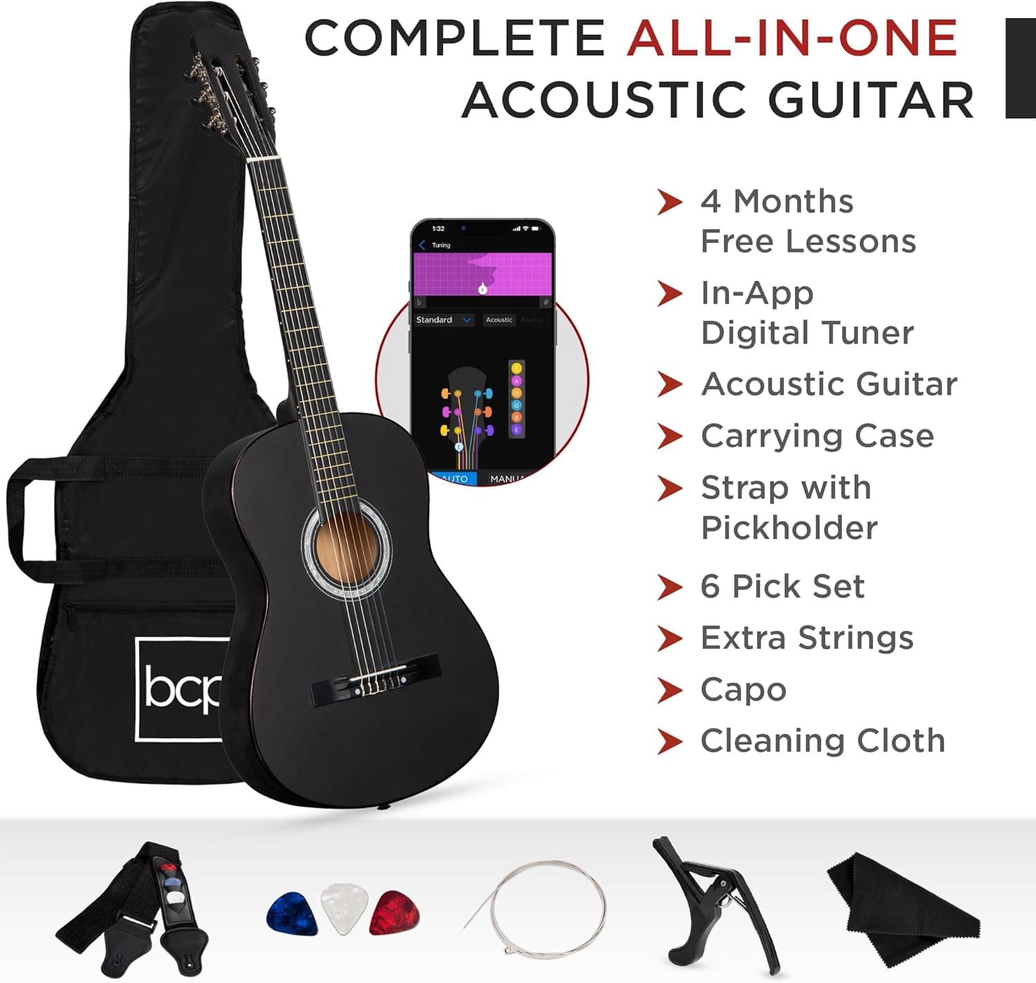 Best Choice Products Guitarra Acústica de Madera para Principiantes de 38in Kit de Inicio con Funda, 6 Púas, Cuerdas de Nylon, Correa con Soporte para Púas - Negro Mate 38in - Image 3