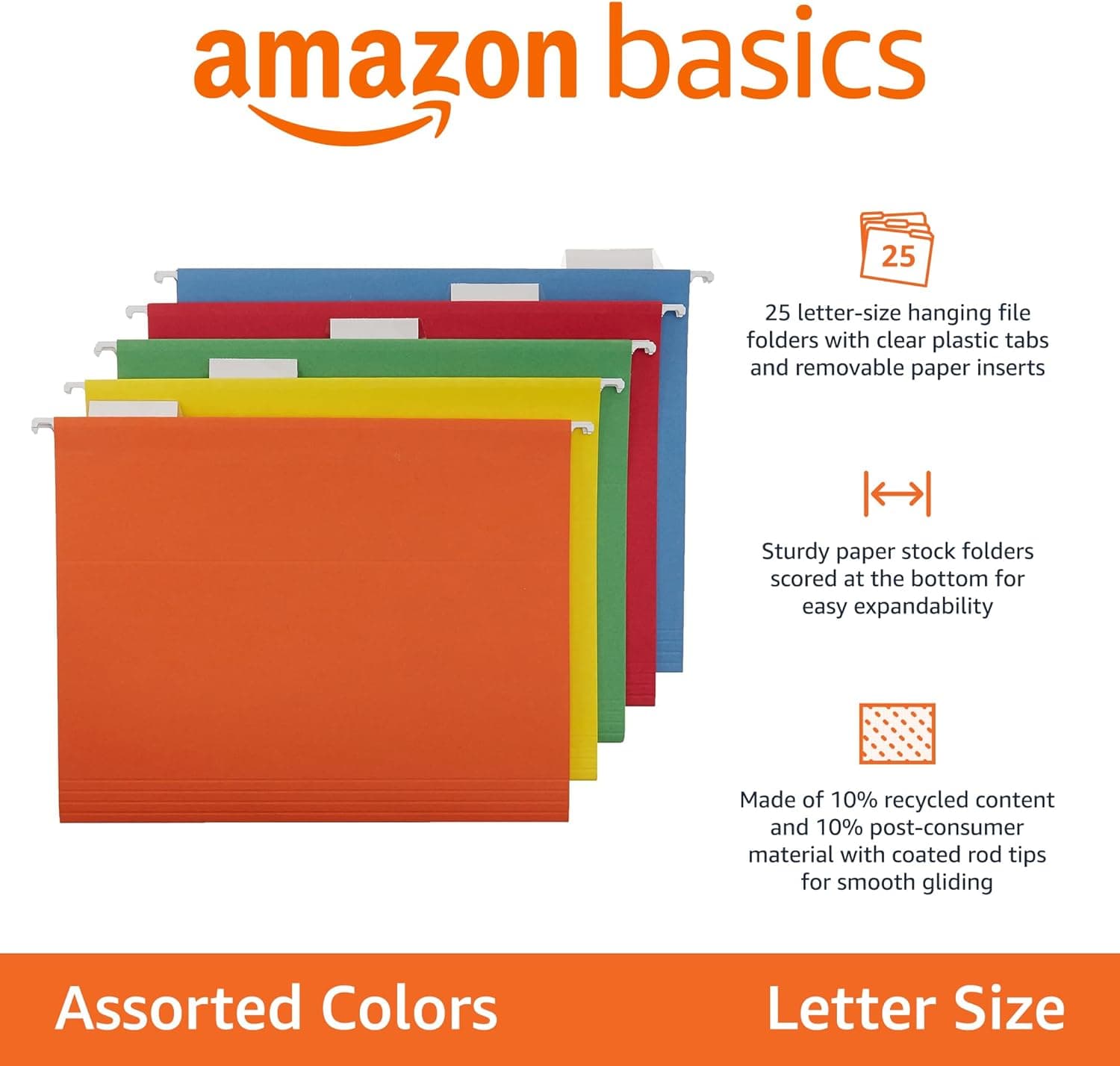 Amazon Basics Hanging Organizer File Folders for Efficient Filing, Assorted Colors, Letter Size (Pack of 25) Assorted Letter - Image 2