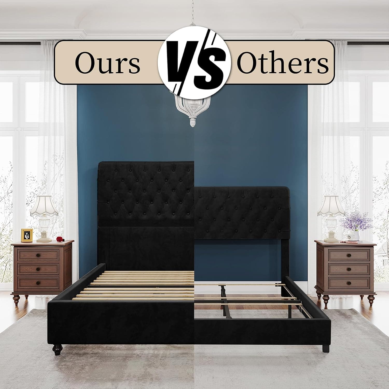 PaPaJet King Bed Frame Upholstered Platform Bed Frame with 53'' Tall Sleigh Headboard, Button Tufted, No Box Spring Needed, Easy Assembly, Black Black King - Image 8