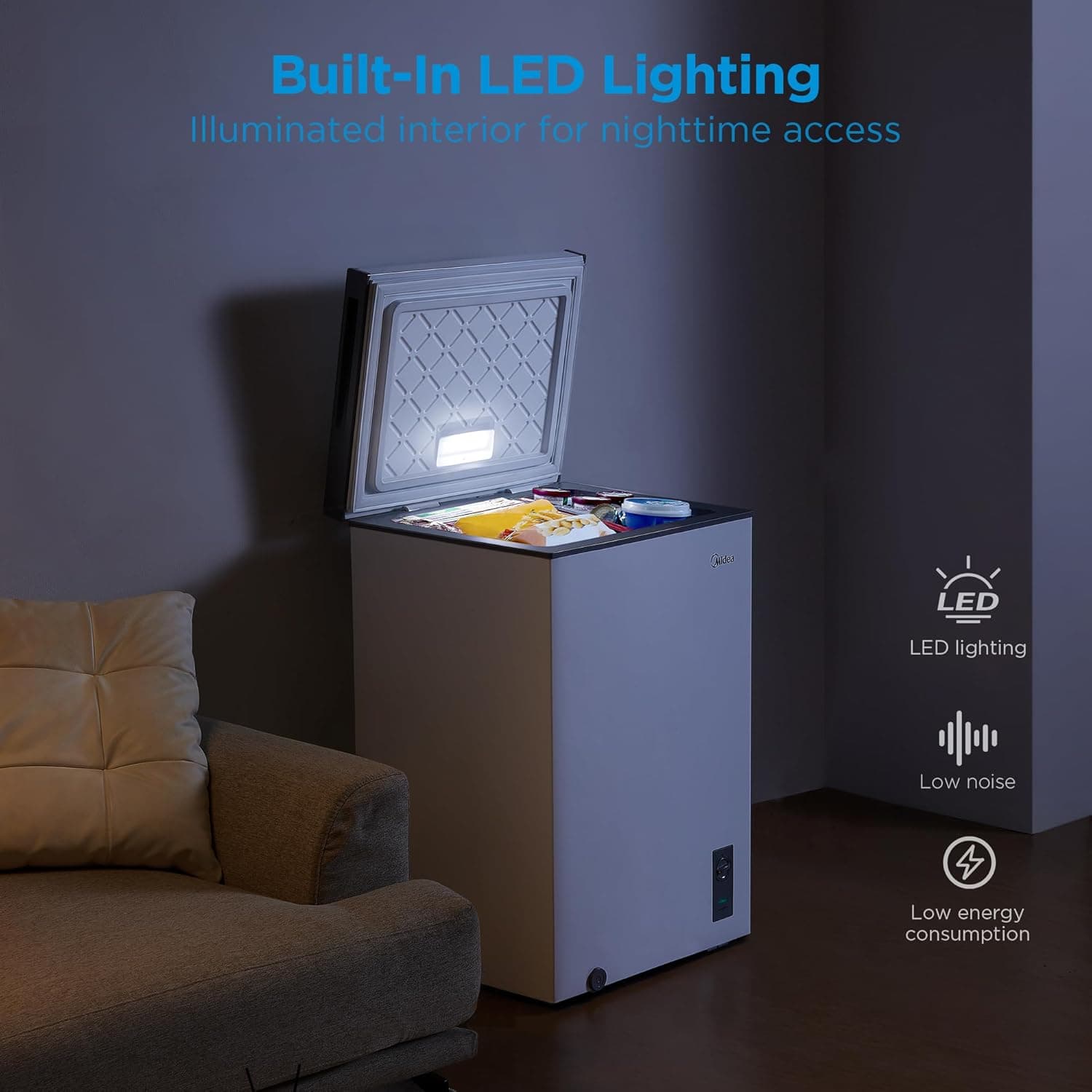 Midea MERC04C4BAWW Chest Freezer, 3.5 Cubic Feet Freezer With Removable Basket, Interior LED Light, Adjustable Temperature, For Kitchen Apartment Office, White 3.5 Cubic Feet (Convertible) - Image 7