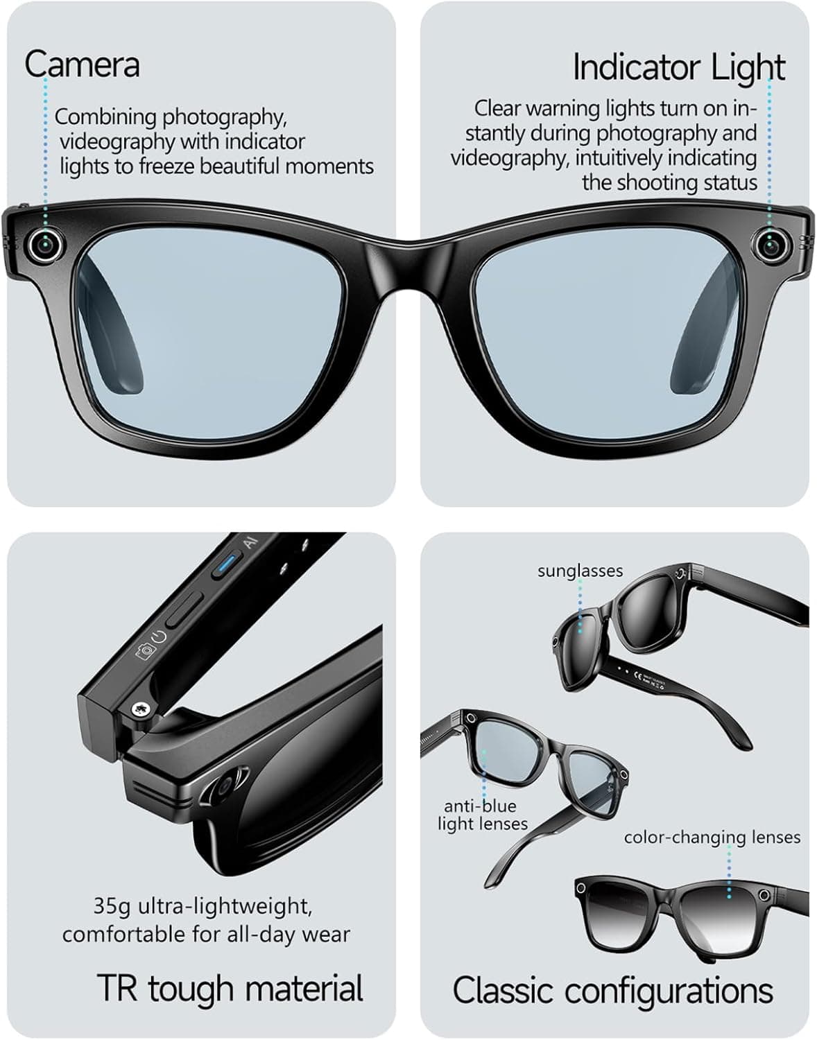 Mingtawn AI Smart Glasses 4K HD Camera, BT Call, 800W Anti-Shake Camera Glasses with Video Recording Dual Mic, Simultaneous Interpretation/GPT Identify Objects, 270mAh Blue Light Glasses（Blue） - Image 7