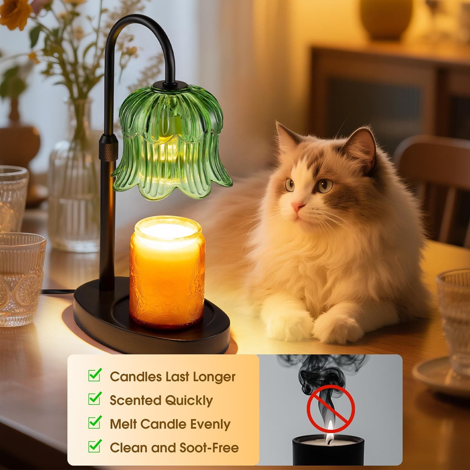 Candle Warmer Lamp Adjustable Timer Electric－Green Flower-Shaped Wax lamp - Image 6