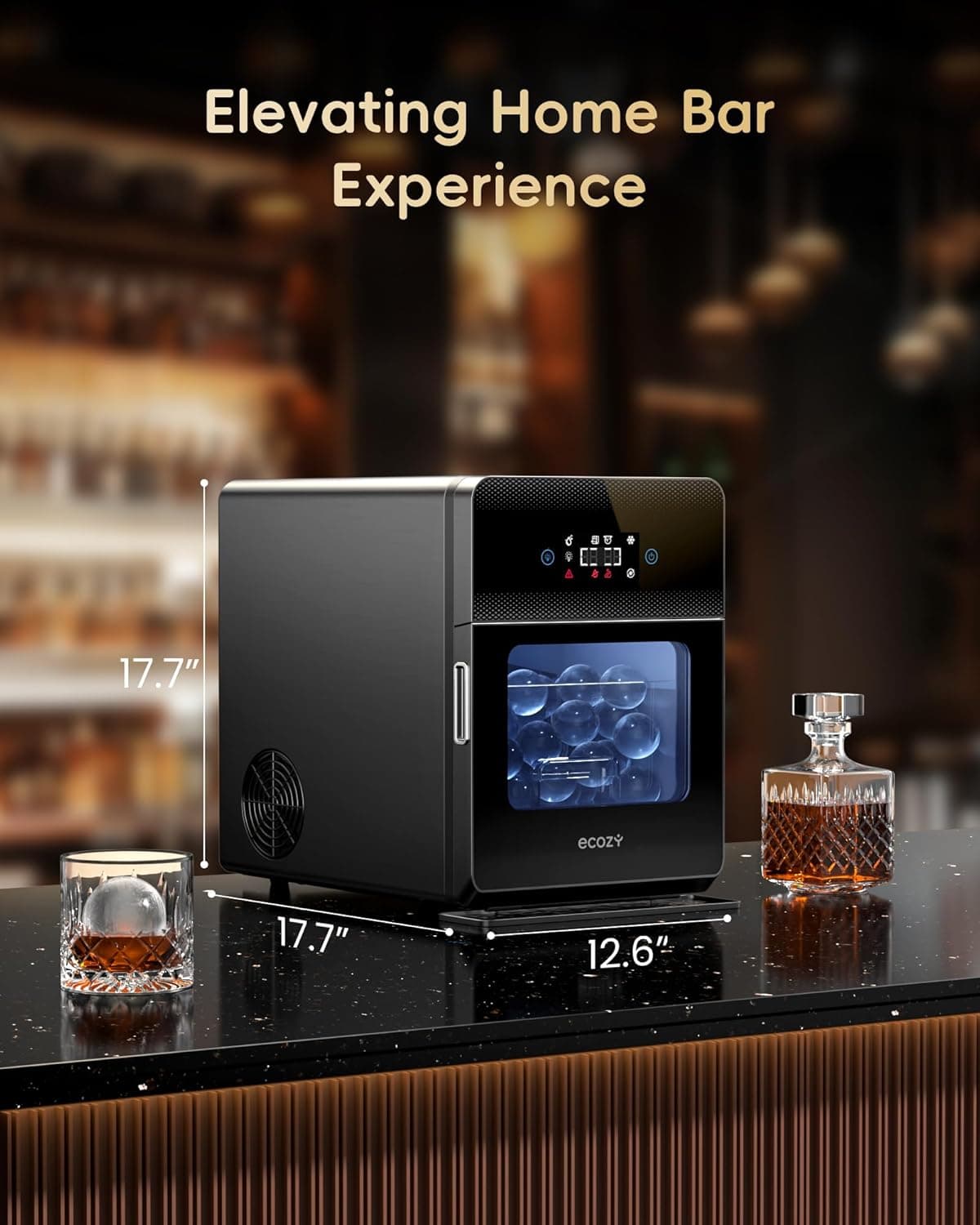 ecozy 2" Clear Ice Ball Maker with CrystalFlux Technology, 4 pcs in 40 Mins, 144 pcs/Day, Sphere Ice Maker with Enhanced Insulation, Automatic Water Supply, Self-Cleaning for Whiskey & Bourbon Matte Black - Image 8