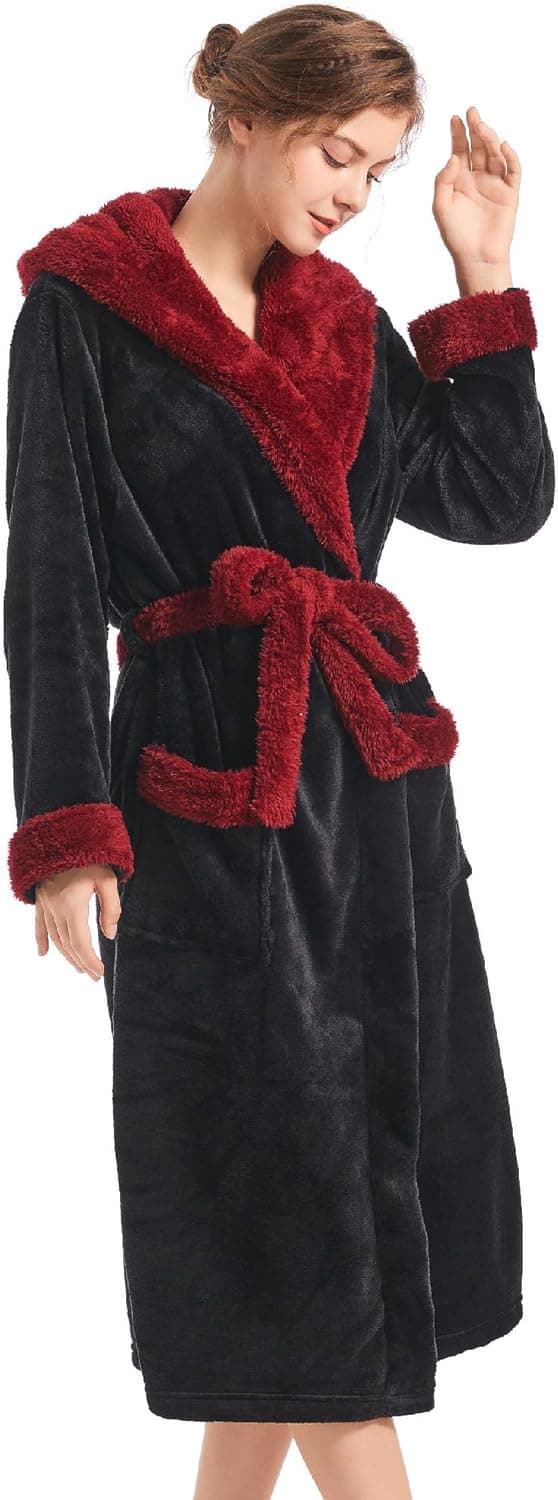 Inner Wish Women Hooded Plush Robe, Fleece Cozy Warm Bathrobe Small-Medium Black+burgundy - Image 3