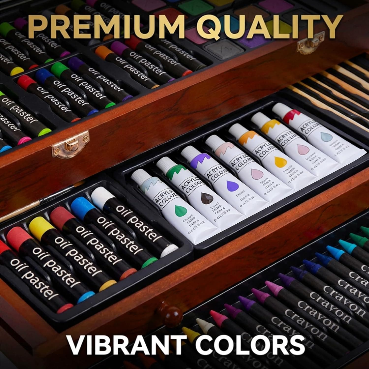 Color More Art Supplies, 175-Pack Deluxe Art Set Drawing Painting Kit with 2 Drawing Pads, Acrylic Paints, Colored Pencils, Crayons, Art Kit in Wooden Case, Gift for Artist, Adults, Teens and Kids Cherry - Image 8