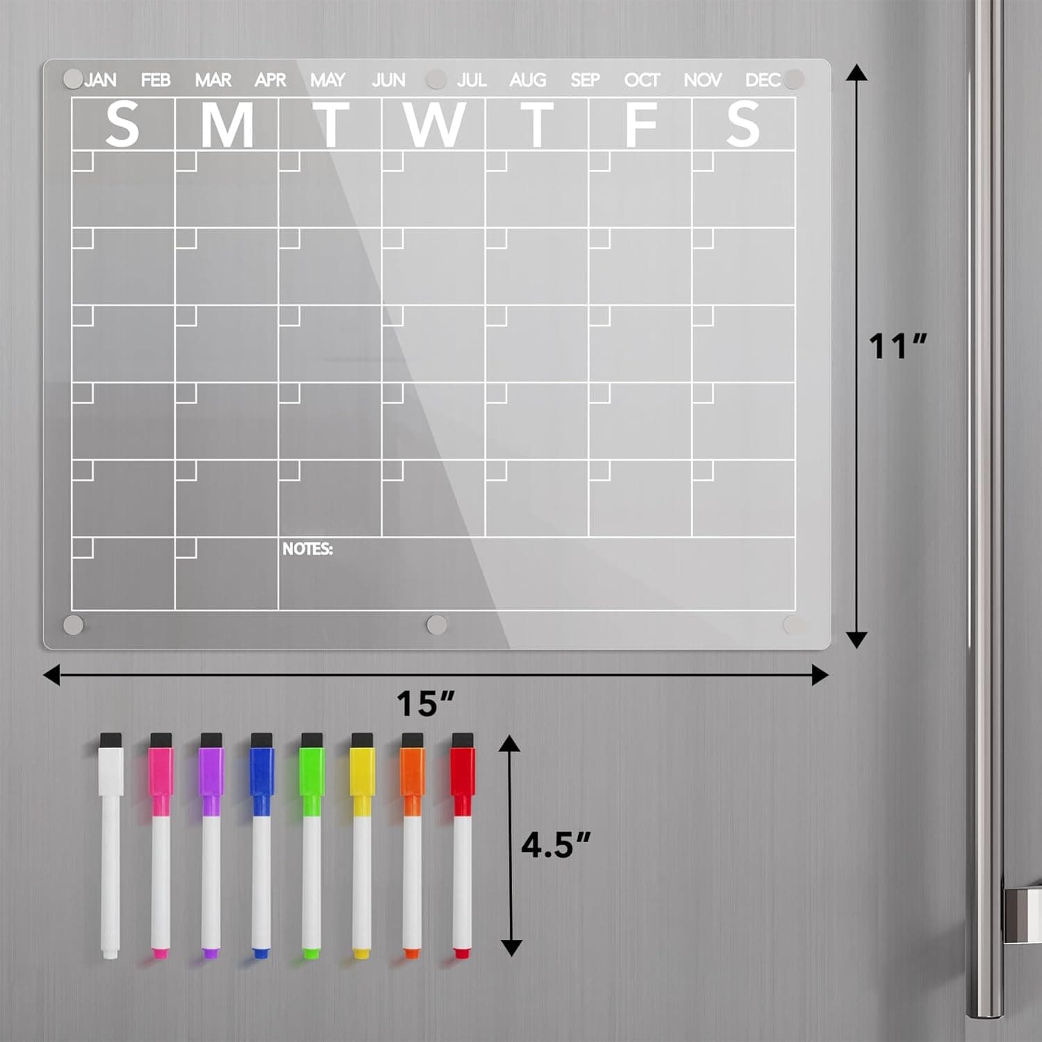 Acrylic Magnetic Dry Erase Board Calendar for Fridge, Clear Monthly Planner Whiteboard for Refrigerator, w/ 8 Colors Markers, 15"x11" 15"x11" Monthly - Image 5