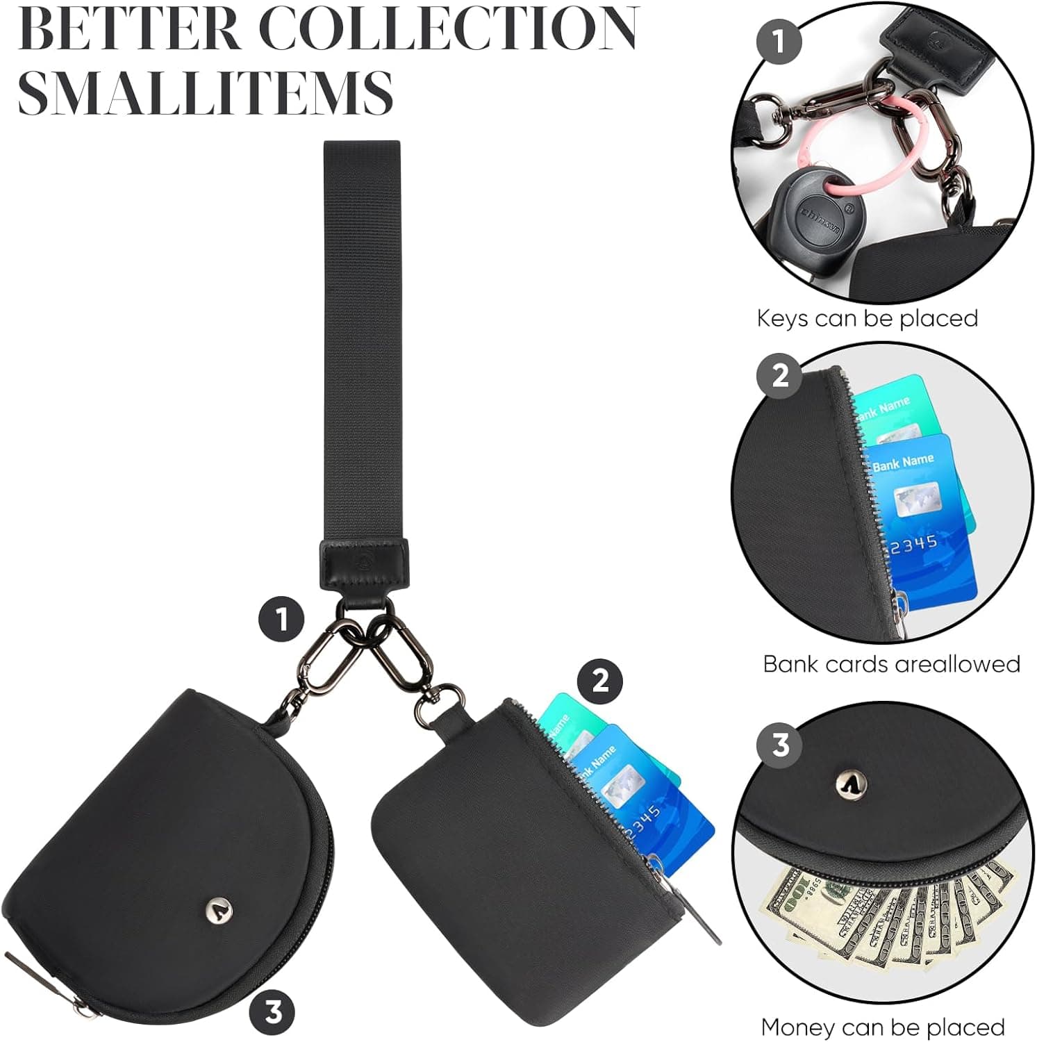 KeyChain Wallet Wristlet Wallets For Women Mini Zip Dual Pouch Wristlet black+black - Image 6