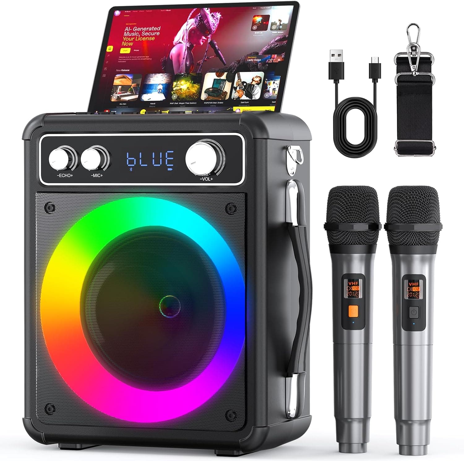Karaoke Machine, Portable Bluetooth Karaoke Speaker with 2 Wireless Microphones, PA System for Adults Kids with LED Lights & Echo Adjustment, Supports TWS/TF/USB/AUX for Home Party T03-2 MICS - Image 2