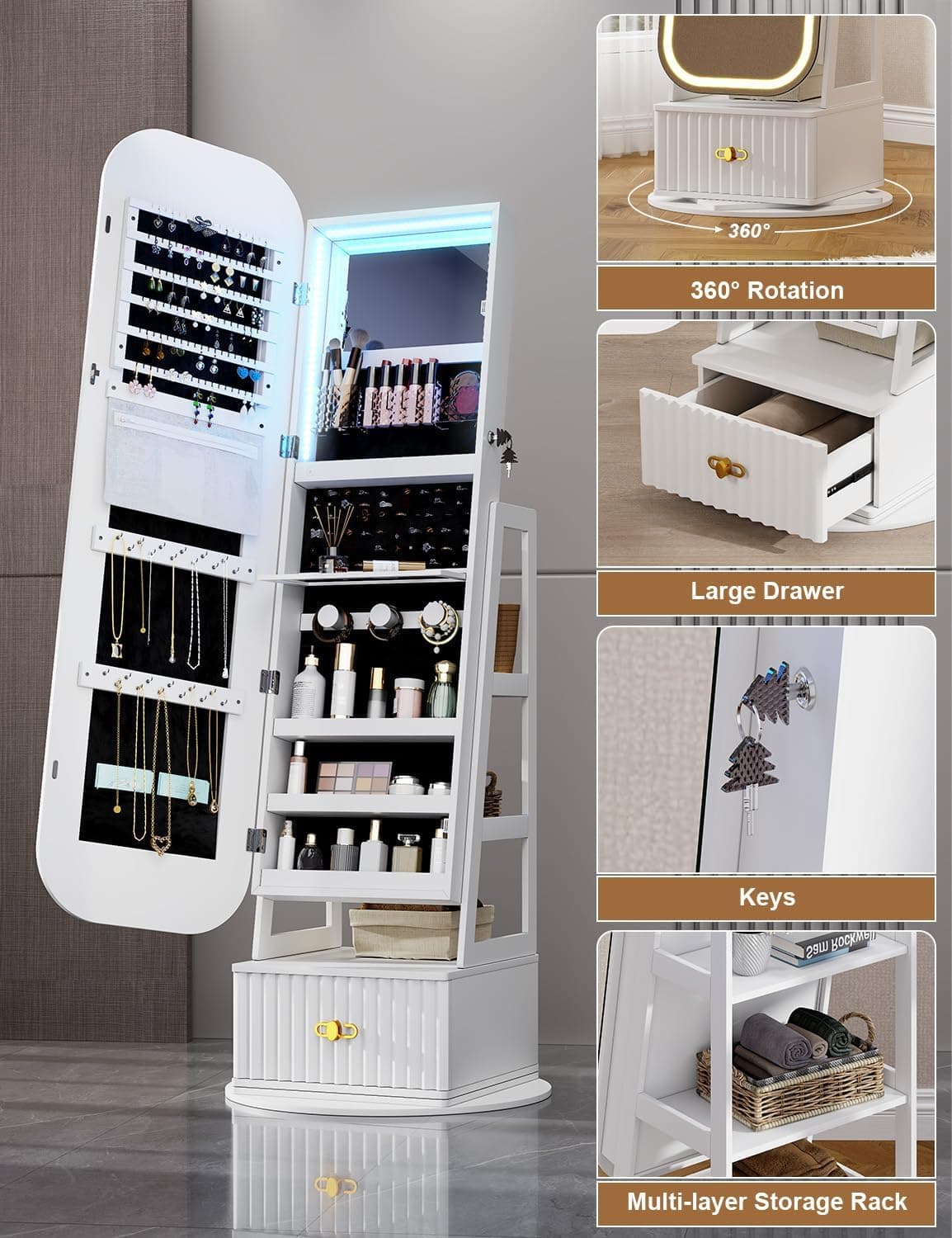 360° Swivel Jewelry Cabinet with Lights - RGB Vanity Mirror | Rotatable Full Length Mirror with Jewelry Storage, Standing Jewelry Armoire Organizer, Foldable Makeup Shelf, White (White 052) - Image 5