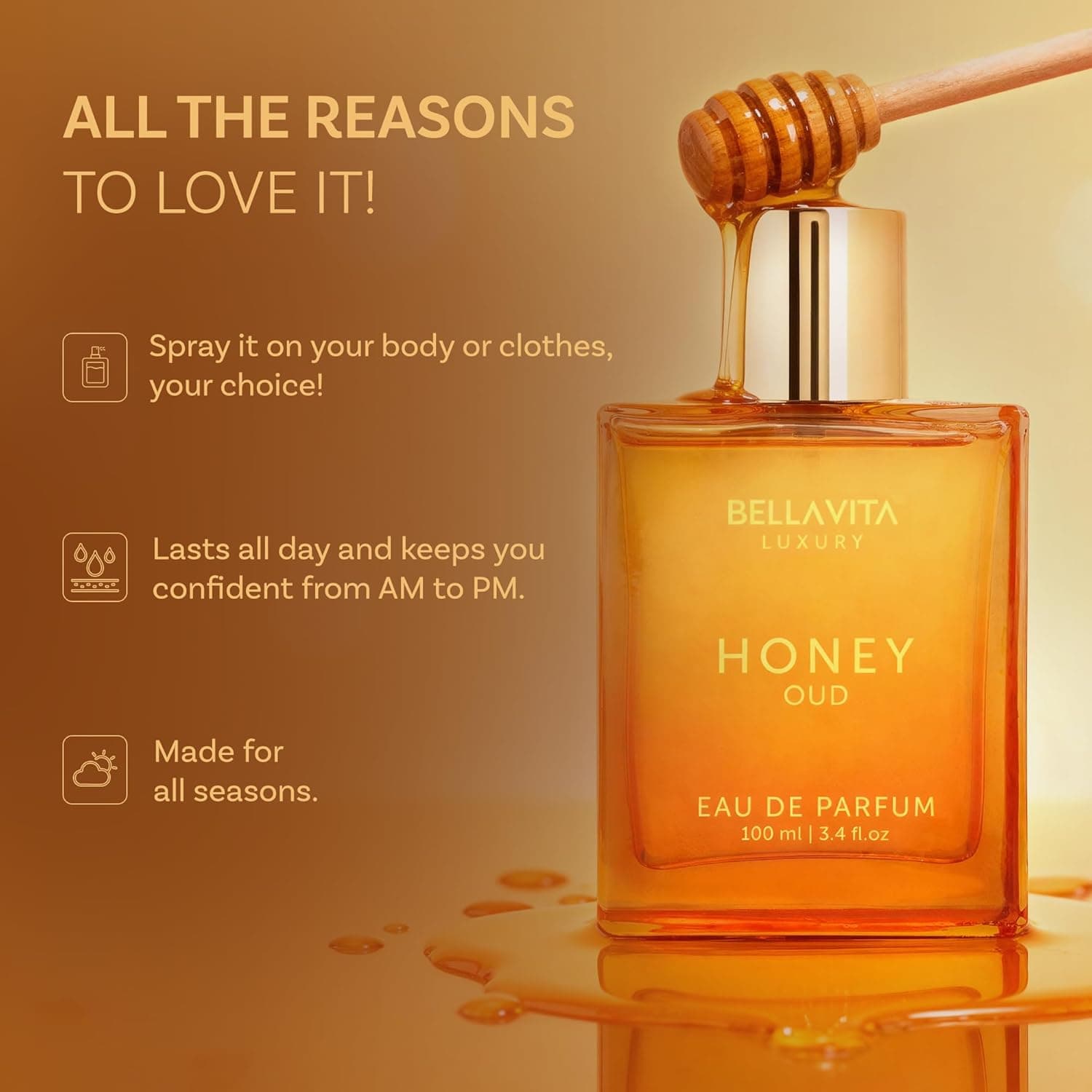 BellaVita Luxury Honey Oud Eau de Parfum (3.4 fl. oz.) | Patchouli, Vanilla, Bergamot, Floral & Spicy + Vegan Essentials Oils | Best gift for Valentine's Day | Long-Lasting Unisex Fragrance - Image 6