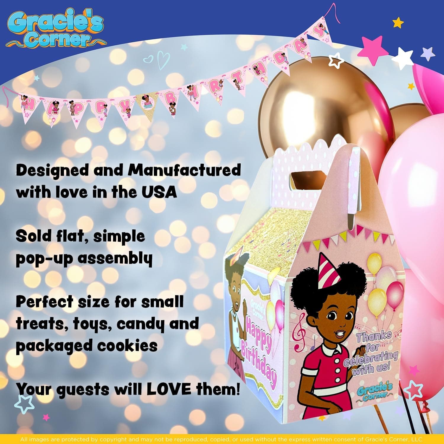 Gracie’s Corner Birthday Party Gable Treat Box, Custom Printed Party Treat Boxes, Party Supplies for Girls’ Birthdays, Baby Showers, and More, Favor Boxes for Party Gifts, and Treats, 8 Count (Pink and Gold) Pink & Gold - Image 6