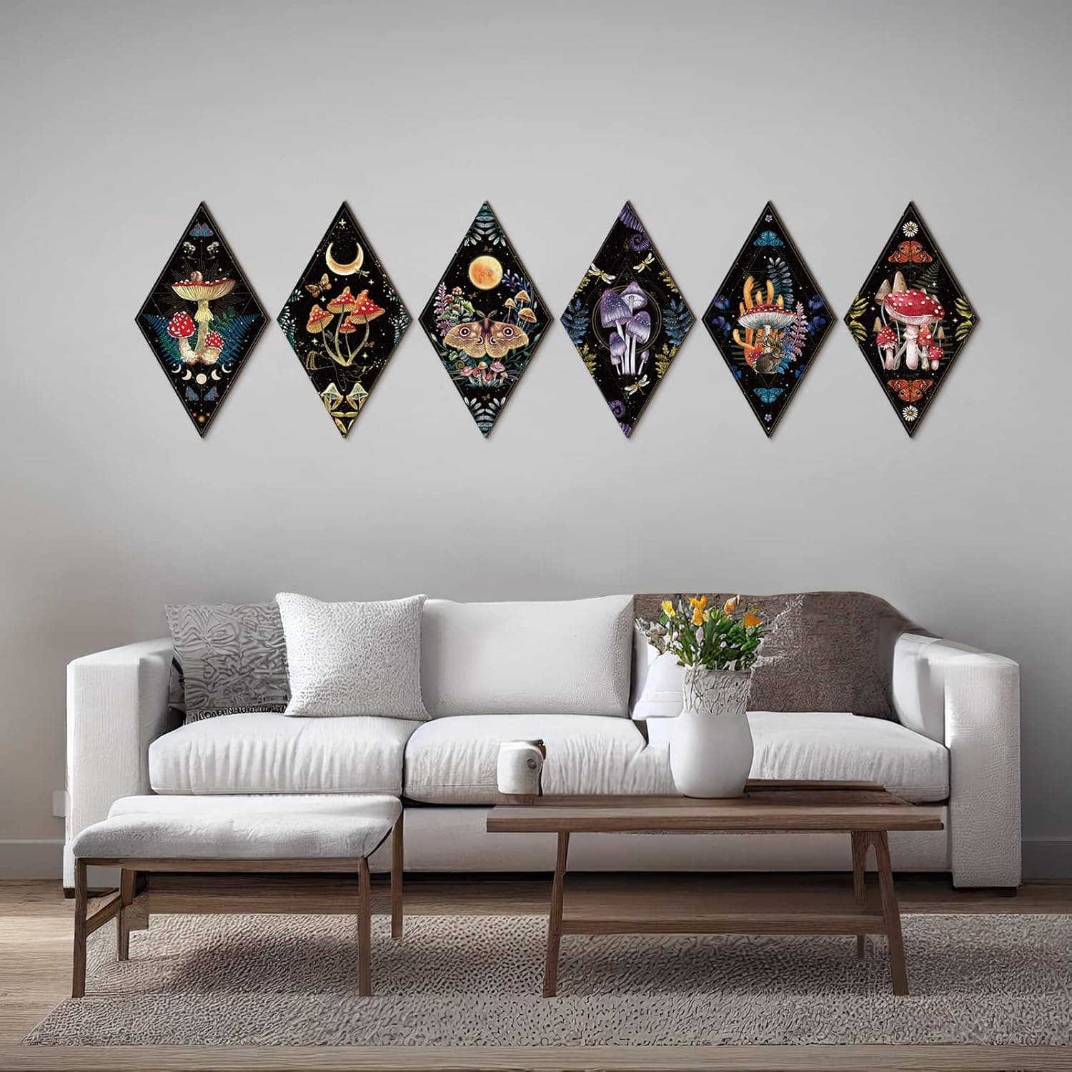 Sintuff 6 Pieces Christmas Gothic Wall Decor Boho Sun Moon Phases Wall Art Gothic Minimalist Stars Sun Hanging Wooden Home Decor Farmhouse Pediments for Gallery Living Bedroom Room(Mushroom) - Image 8