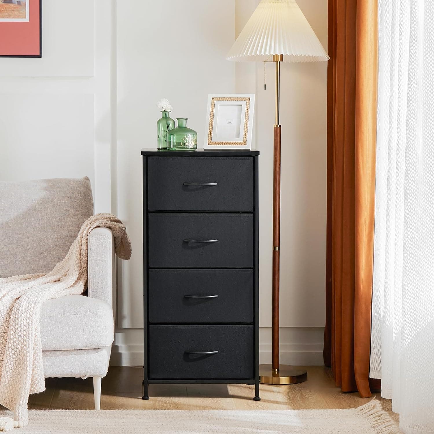 Sweetcrispy Nightstand Small Bedroom Dresser with 4 Fabric Drawers, Bed Side Furniture End Table, Wooden Top Cabinet Night Stand Dresser for Closet, Entryway, Dorm, Black Black 17.7"D x 11.8"W x 37"H (4 Drawers) - Image 8