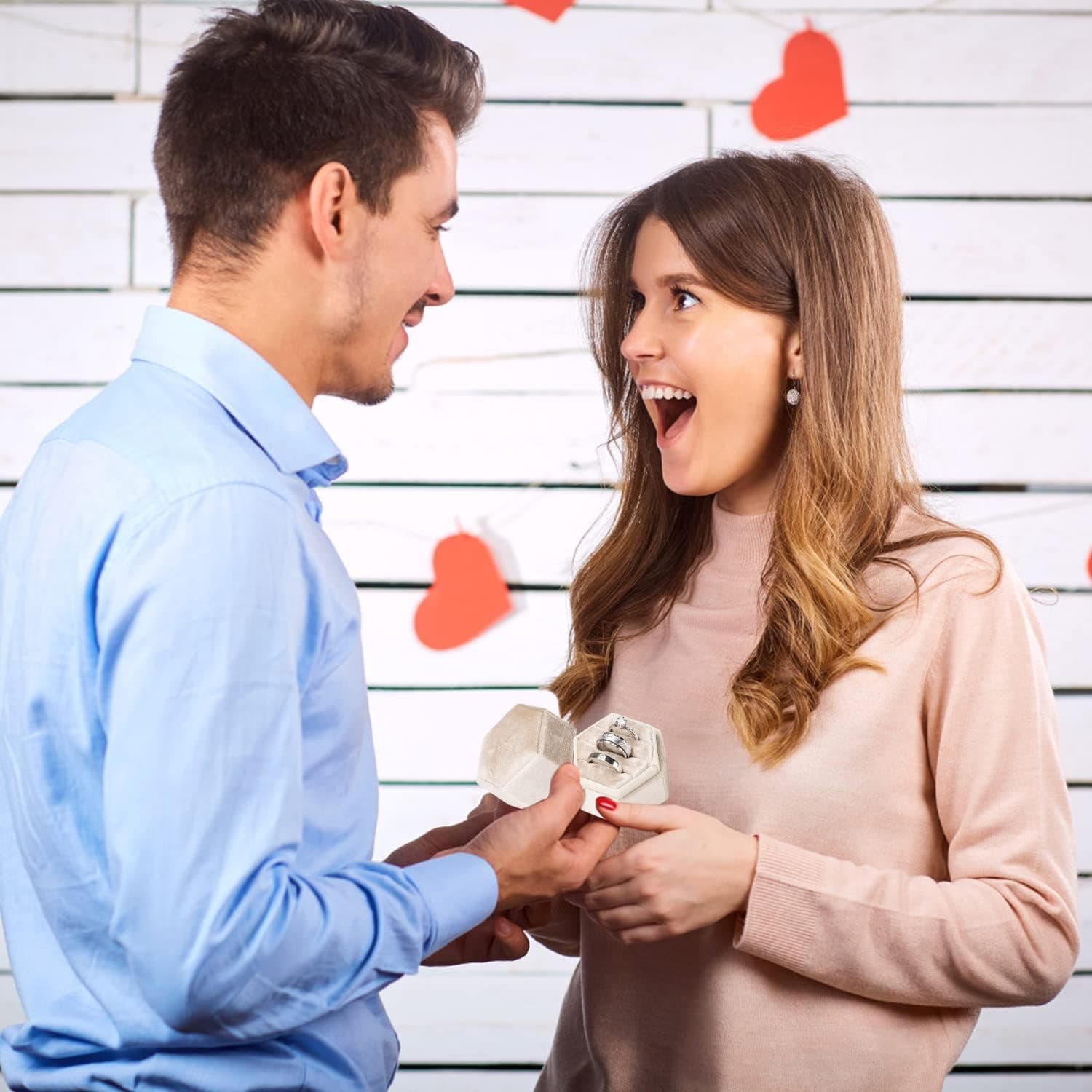 WantGor Velvet Jewelry Ring Box, 3 Slots Hexagon Ring Gift Box Vintage Ring Display Holder Case for Wedding Ceremony Proposal Engagement (Beige, 3 Slots) 3 Slots Beige - Image 7