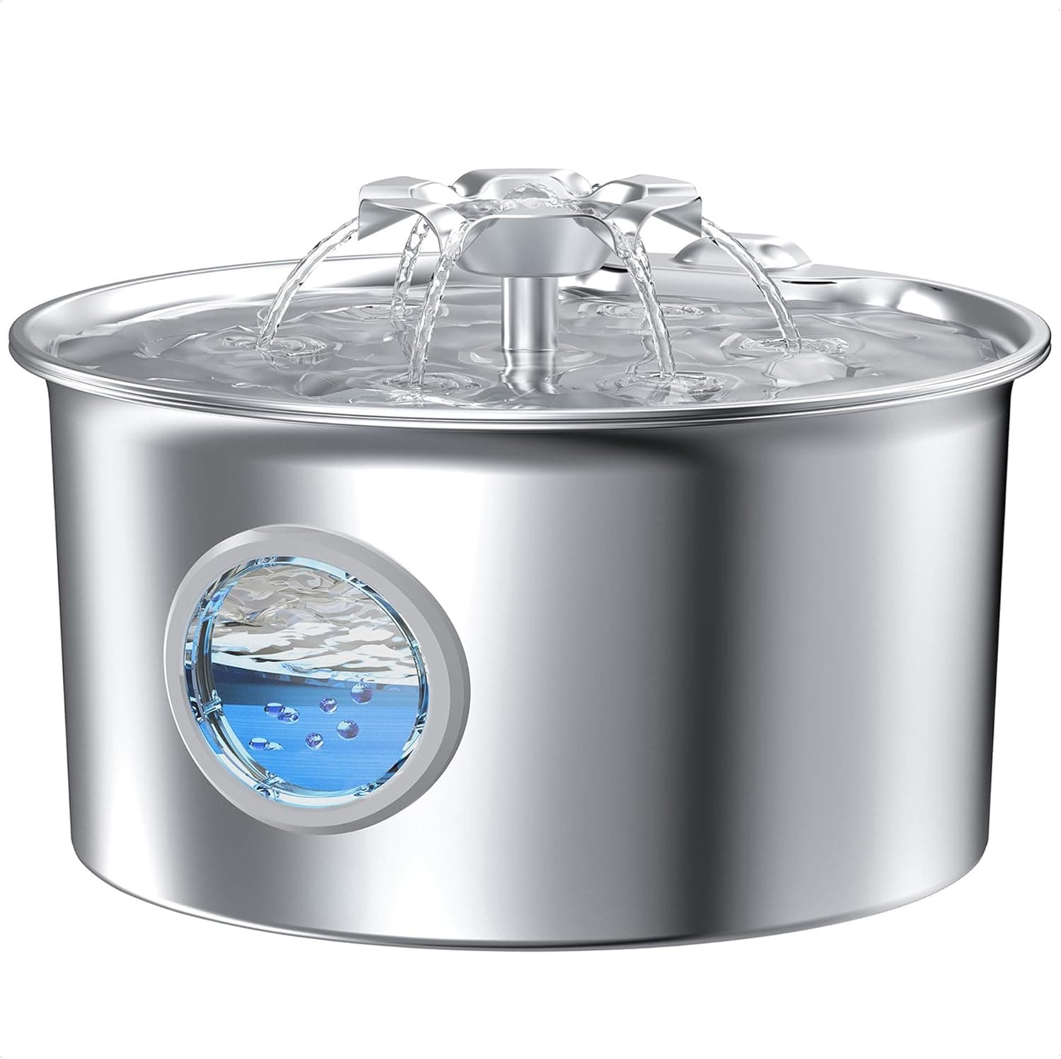 Stainless Steel Cat Water Fountain: 88oz/2.6L Ultra Quiet Pet Fountain with Flower Kitty Spout & LED Blue Light Water Dispenser with Water Level Window for Cats/Dogs Indoor (Silver) - IHOUONE cat Fountain + 1 Filters & 1 Sponges - Image 2