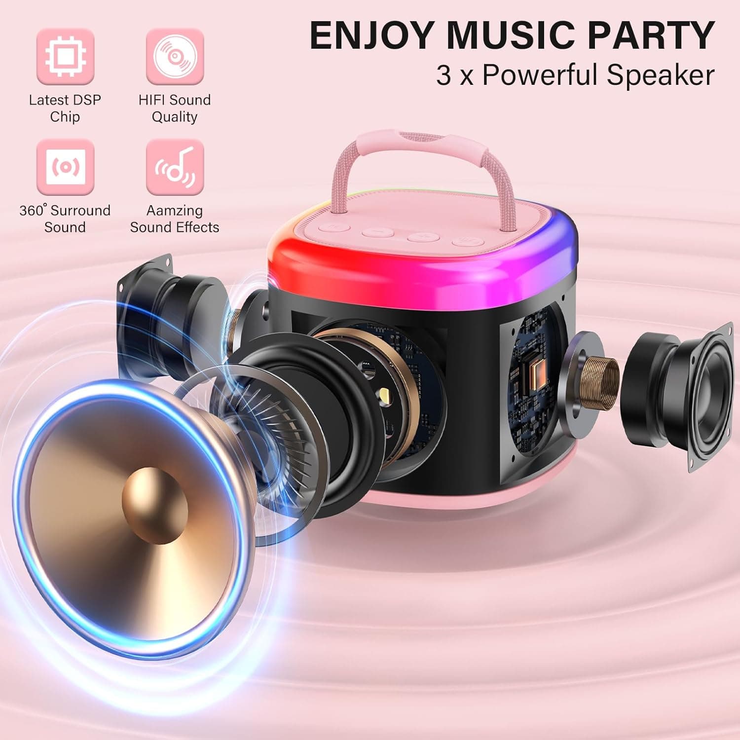 JYX Mini Karaoke Machine for Kids, Portable Bluetooth Karaoke Speaker Unpowered Cabinets with 1 Wireless Microphones and Party Lights and Adults, Birthday Gifts for Girls Boys Family Home Party(Pink) Pink-2Mic - Image 6